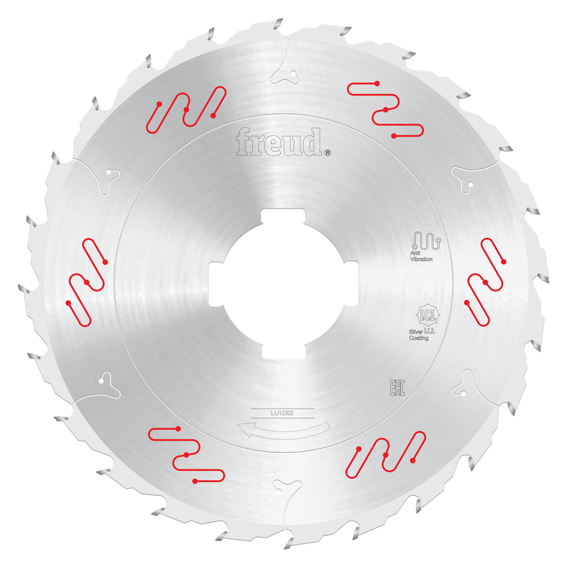 Circular saw blade with carbide-tipped teeth around the edge, white center hole, and red wavy markings on the silver steel su