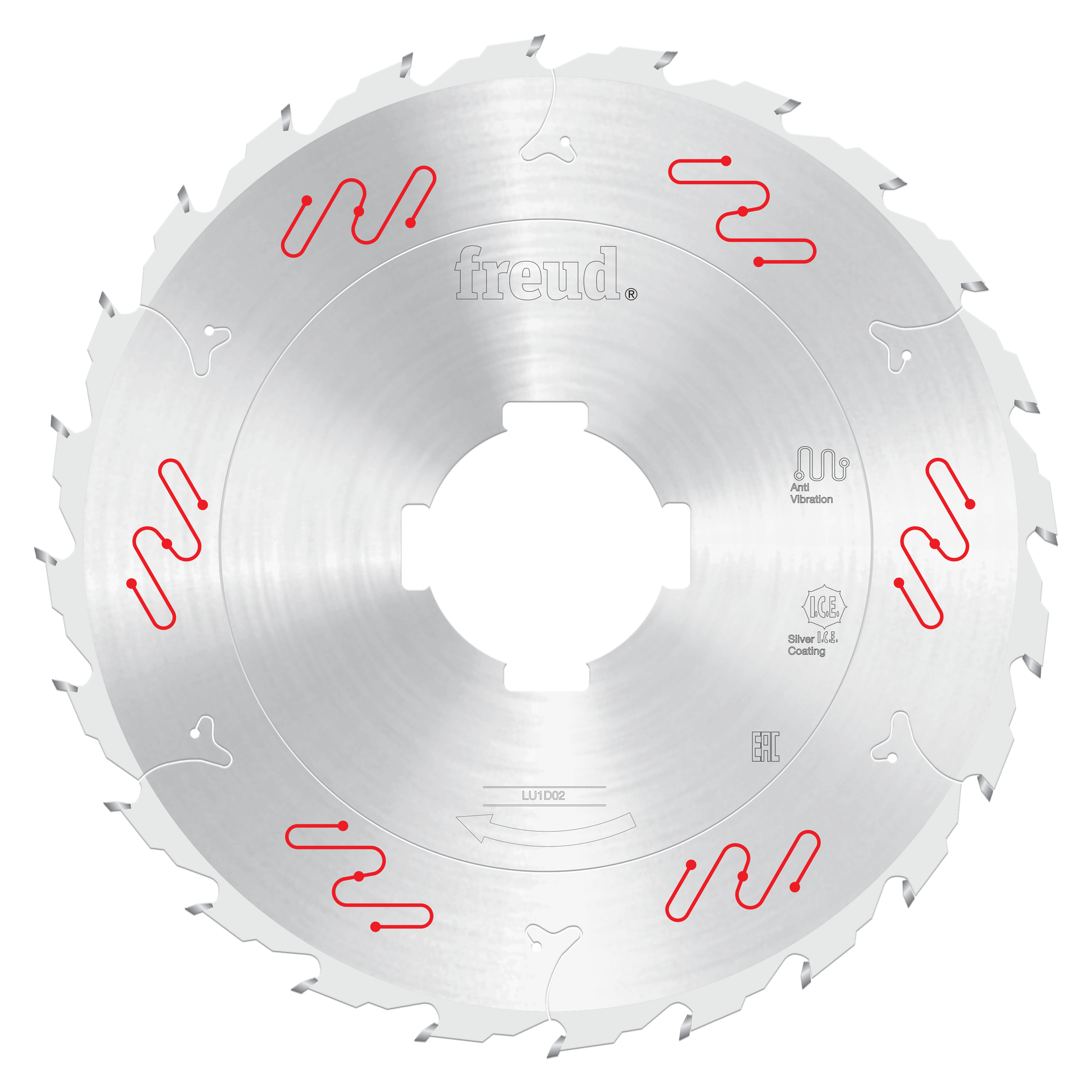 Circular saw blade with carbide-tipped teeth around the edge, white center hole, and red wavy markings on the silver steel su