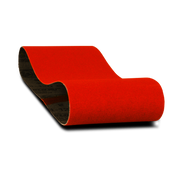 Red sanding belt with black backing, cylindrical shape, 3 inches wide by 18 inches long.