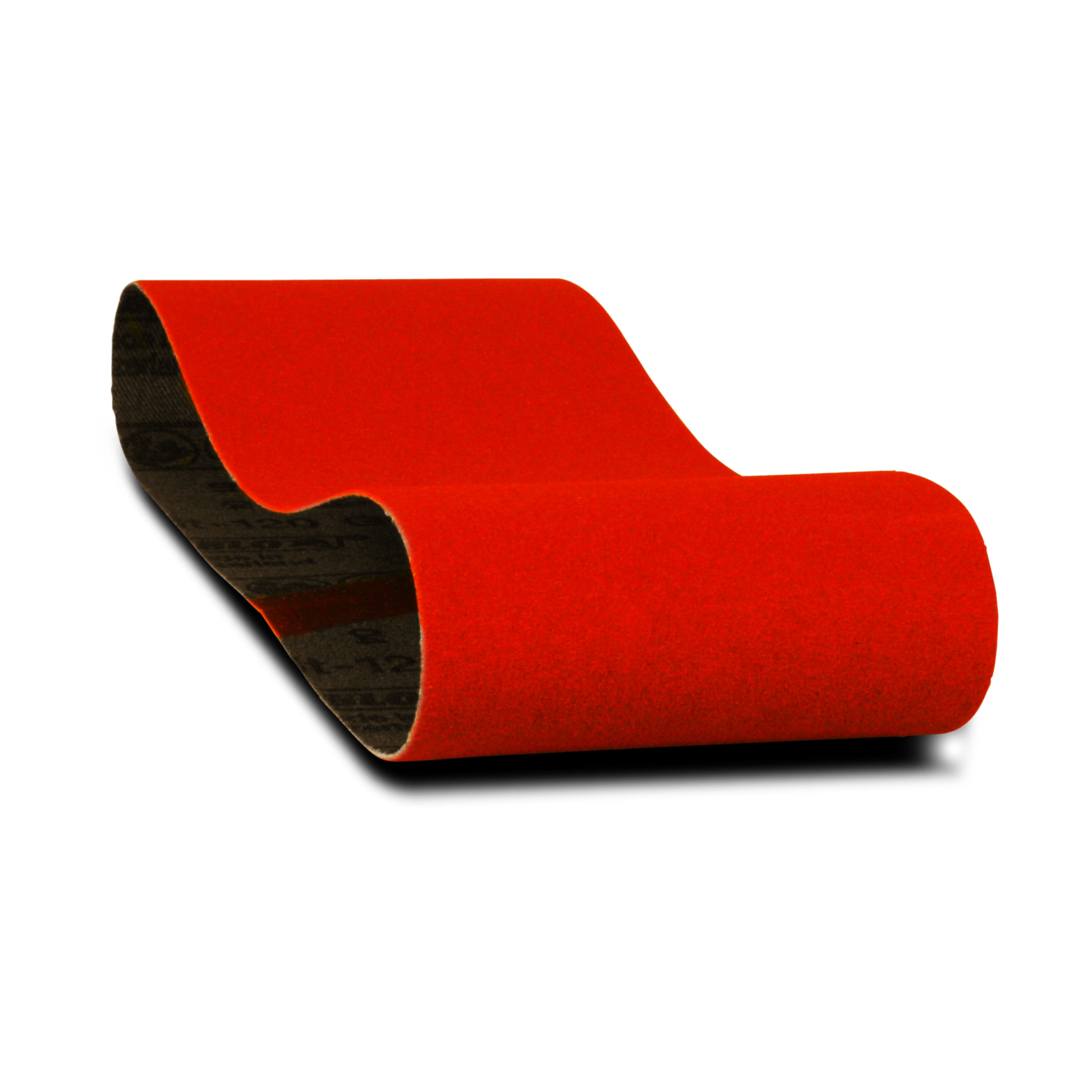 Red sanding belt with black backing, cylindrical shape, 3 inches wide by 18 inches long.