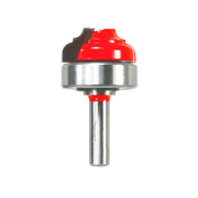 Router bit with red cutting head, silver bearing collar, and steel shank for cove and bead grooving.