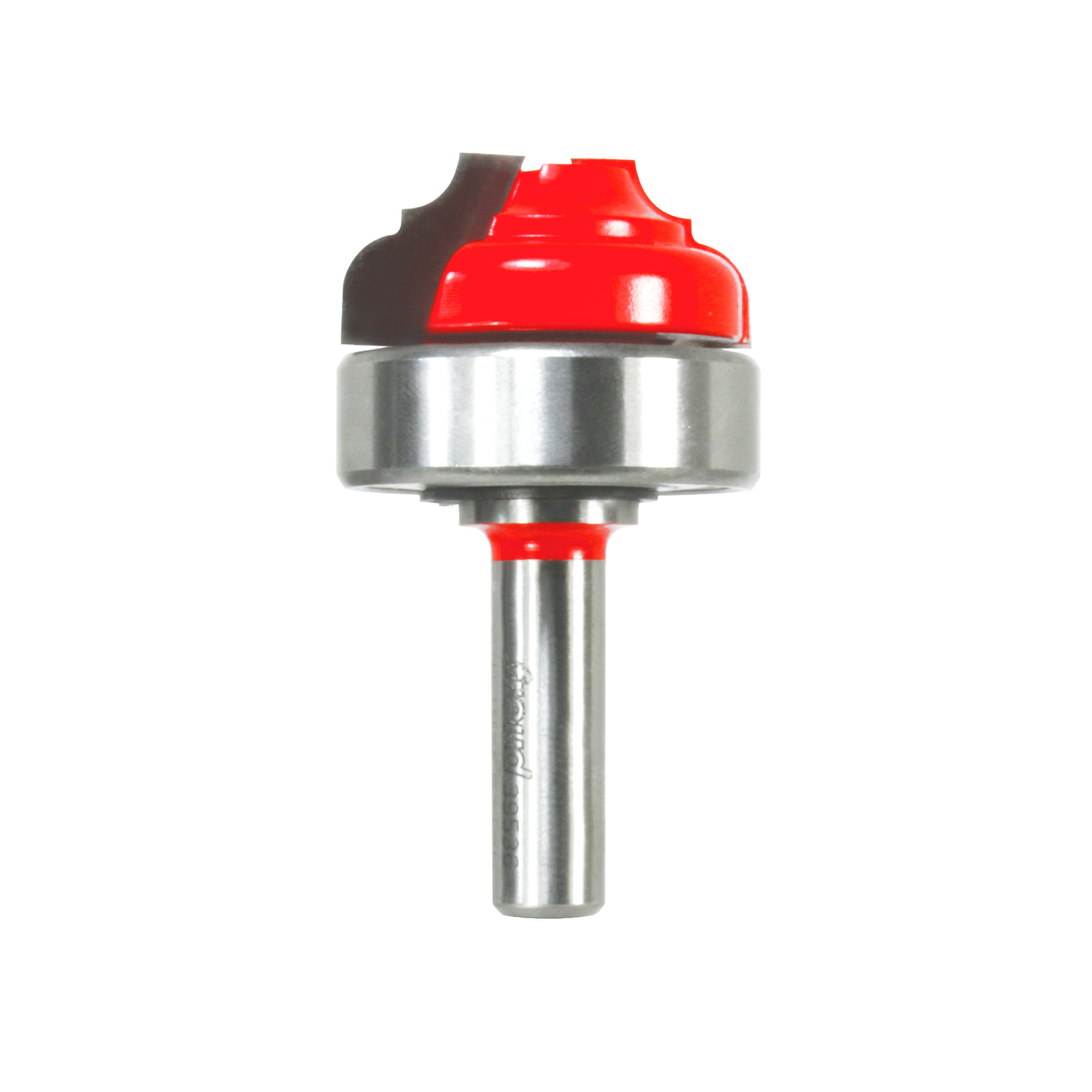 Router bit with red cutting head, silver bearing collar, and steel shank for cove and bead grooving.