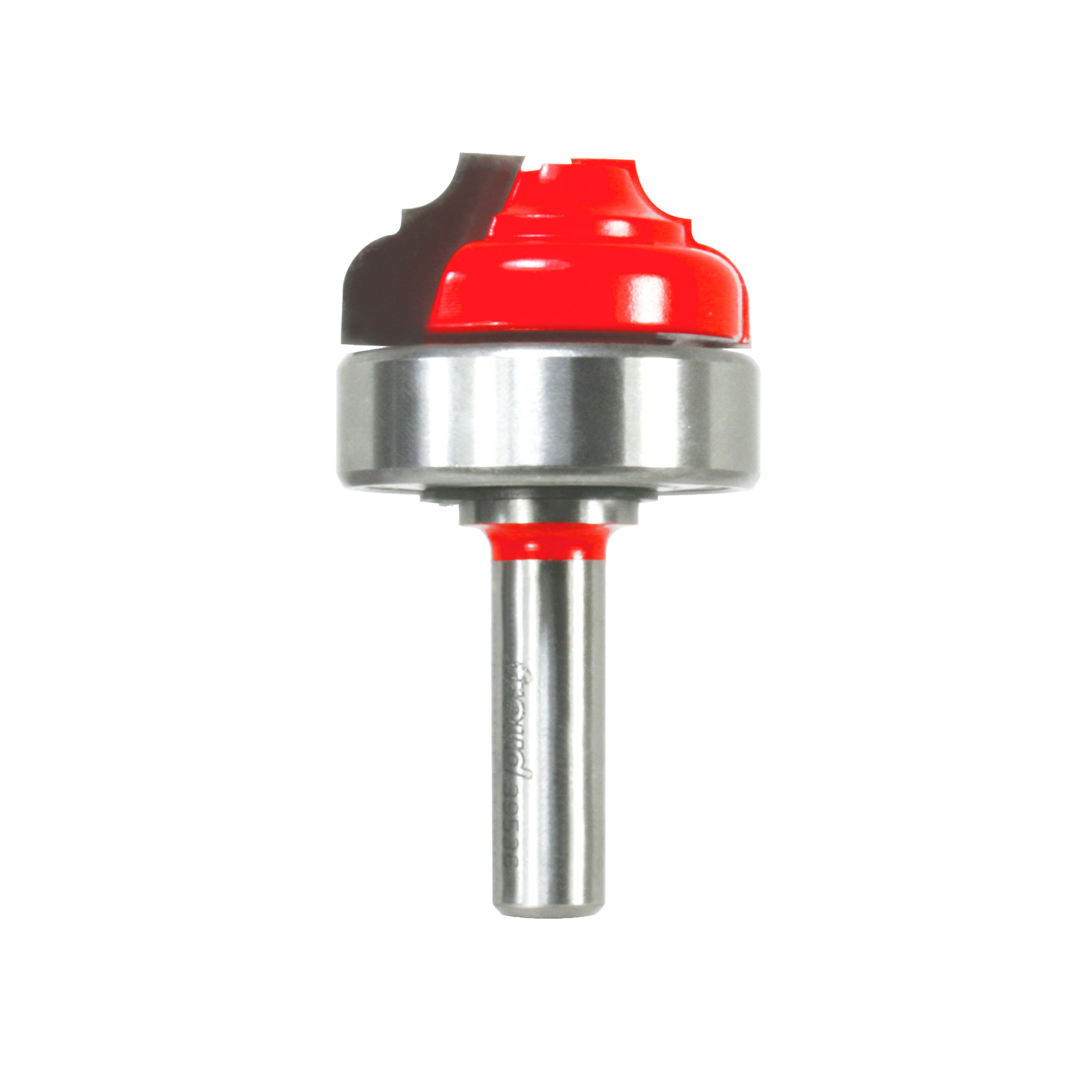 Router bit with red cutting head, silver bearing collar, and steel shank for cove and bead grooving.