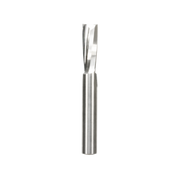 Silver spiral router bit with cylindrical shank and upward-cutting flutes for woodworking.