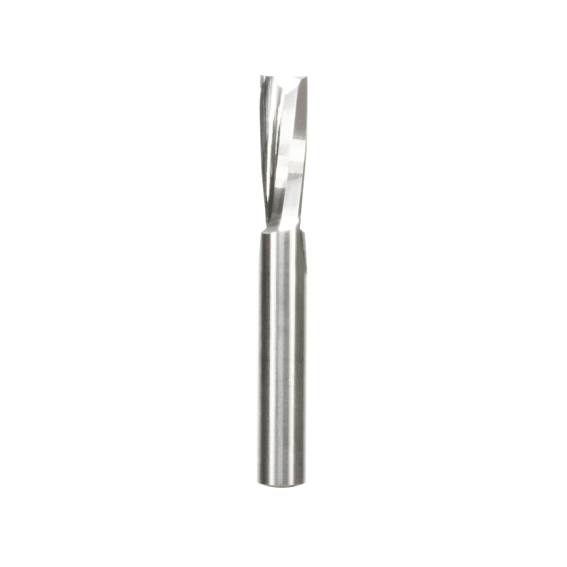 Silver spiral router bit with cylindrical shank and upward-cutting flutes for woodworking.