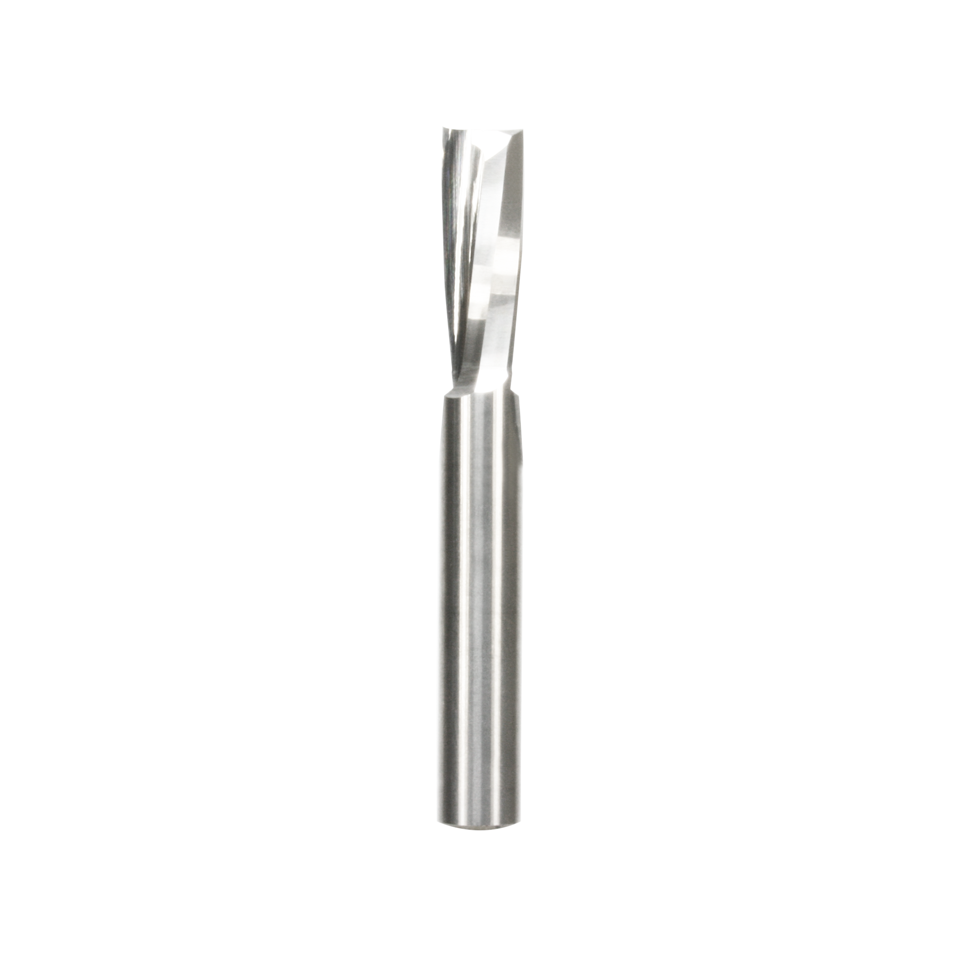 Silver spiral router bit with cylindrical shank and upward-cutting flutes for woodworking.