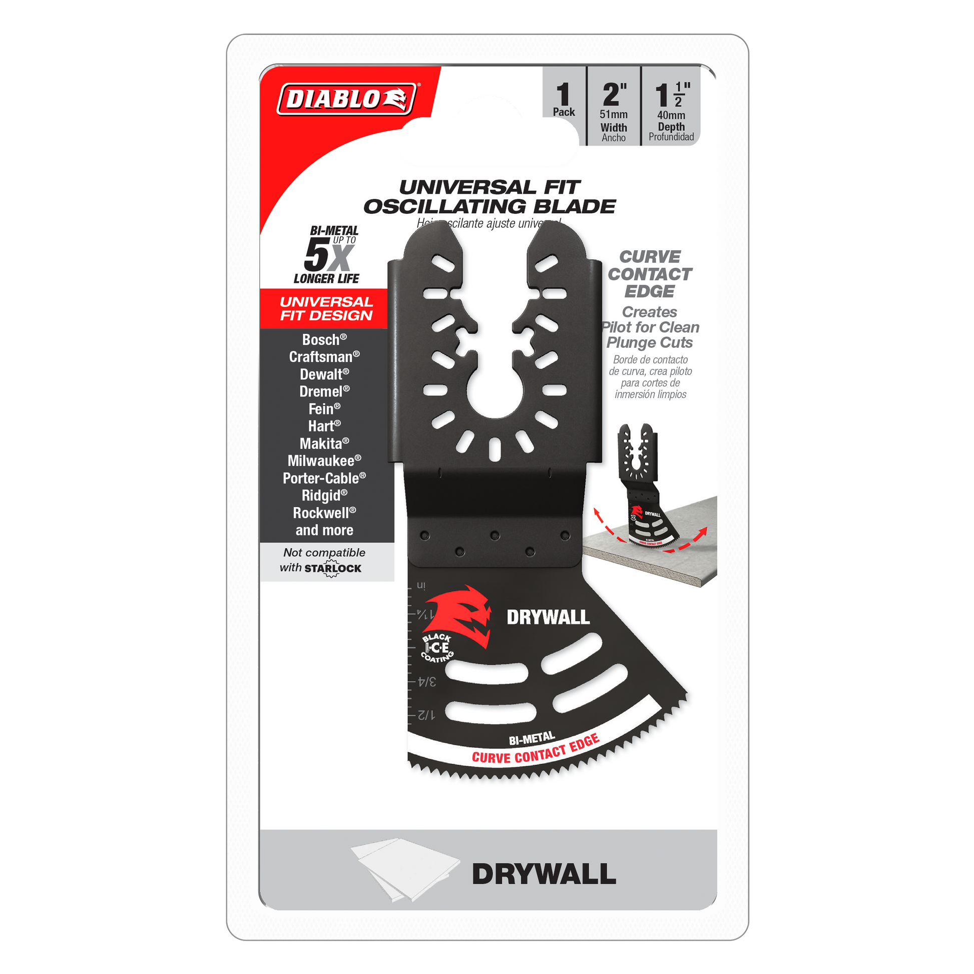 Black bi-metal oscillating blade with curved contact edge and mounting holes for universal fit drywall cutting.