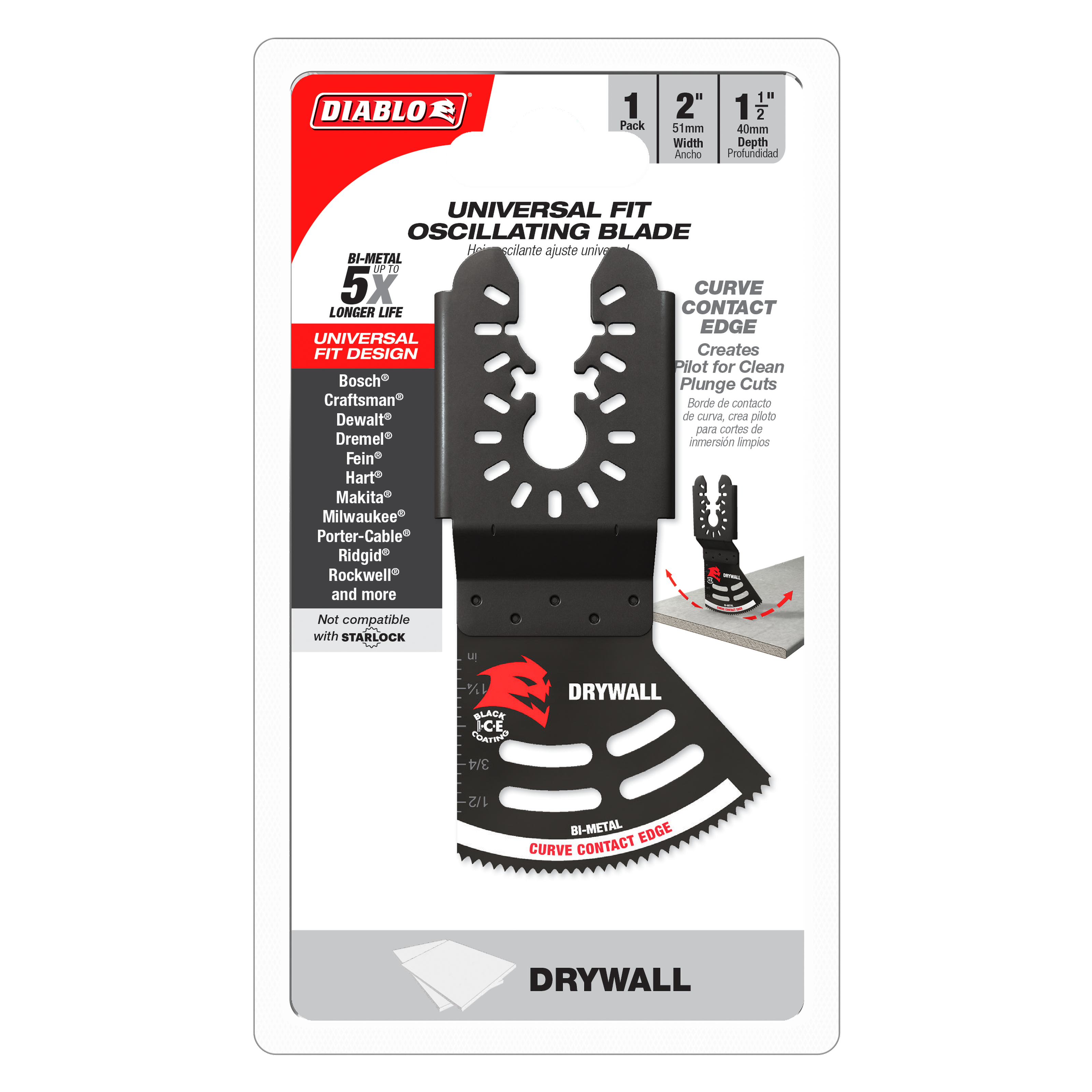 Black bi-metal oscillating blade with curved contact edge and mounting holes for universal fit drywall cutting.