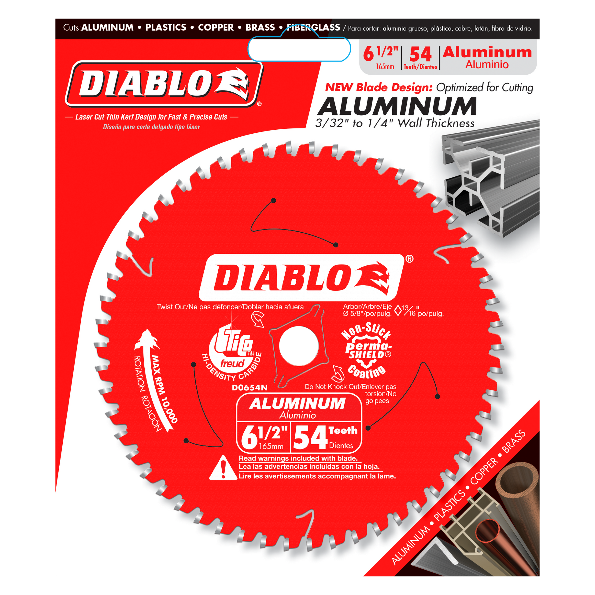 Red circular saw blade with 54 silver teeth, 6 1/2 inch diameter, white center arbor hole, Diablo branding visible.
