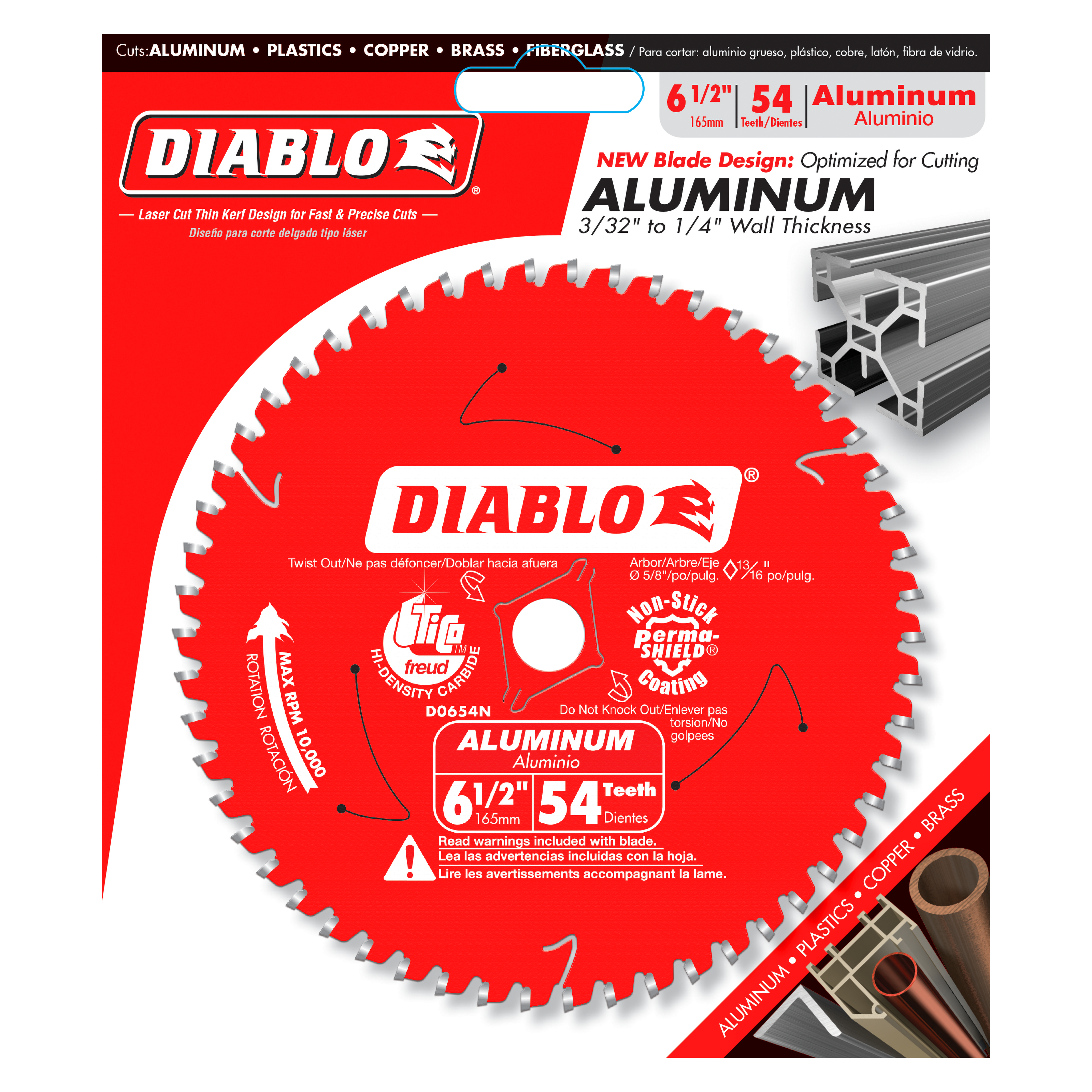 Red circular saw blade with 54 silver teeth, 6 1/2 inch diameter, white center arbor hole, Diablo branding visible.