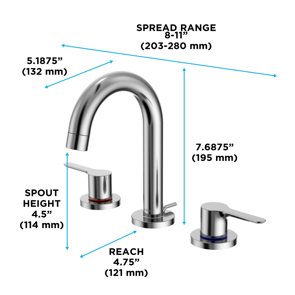 Polished chrome two-handle widespread bathroom sink faucet with curved spout and lever handles.