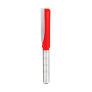 Red and silver straight router bit with single cutting flute and cylindrical shank.