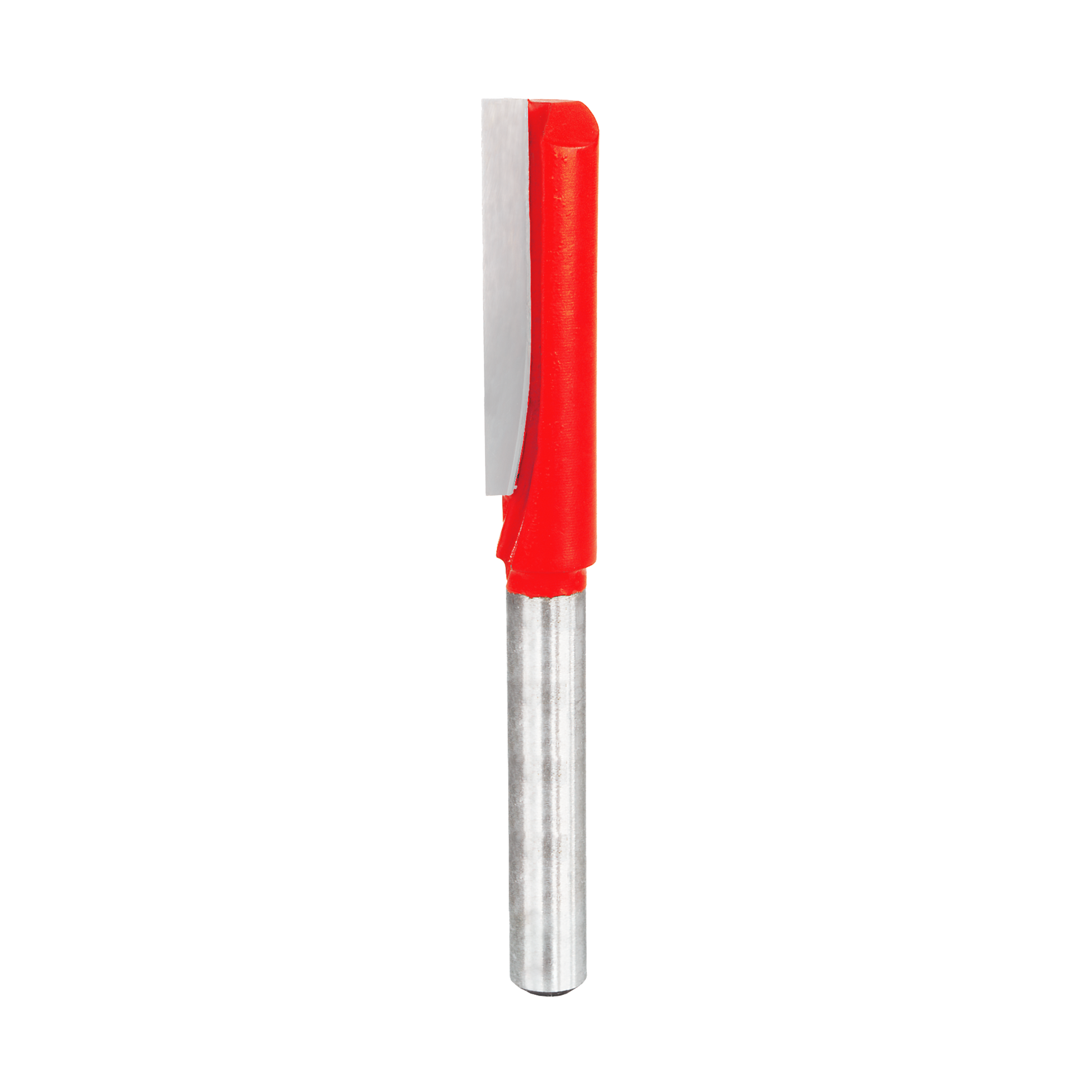 Red and silver straight router bit with single cutting flute and cylindrical shank.