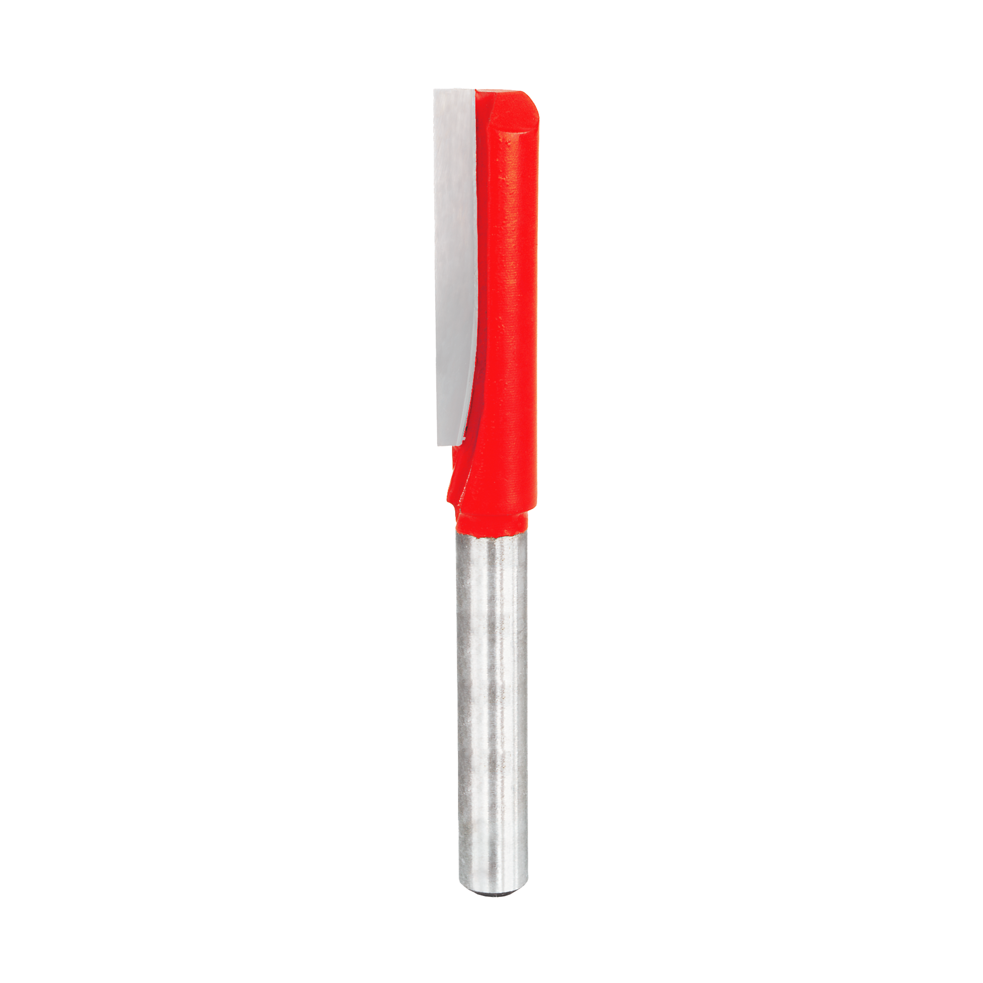 Red and silver straight router bit with single cutting flute and cylindrical shank.
