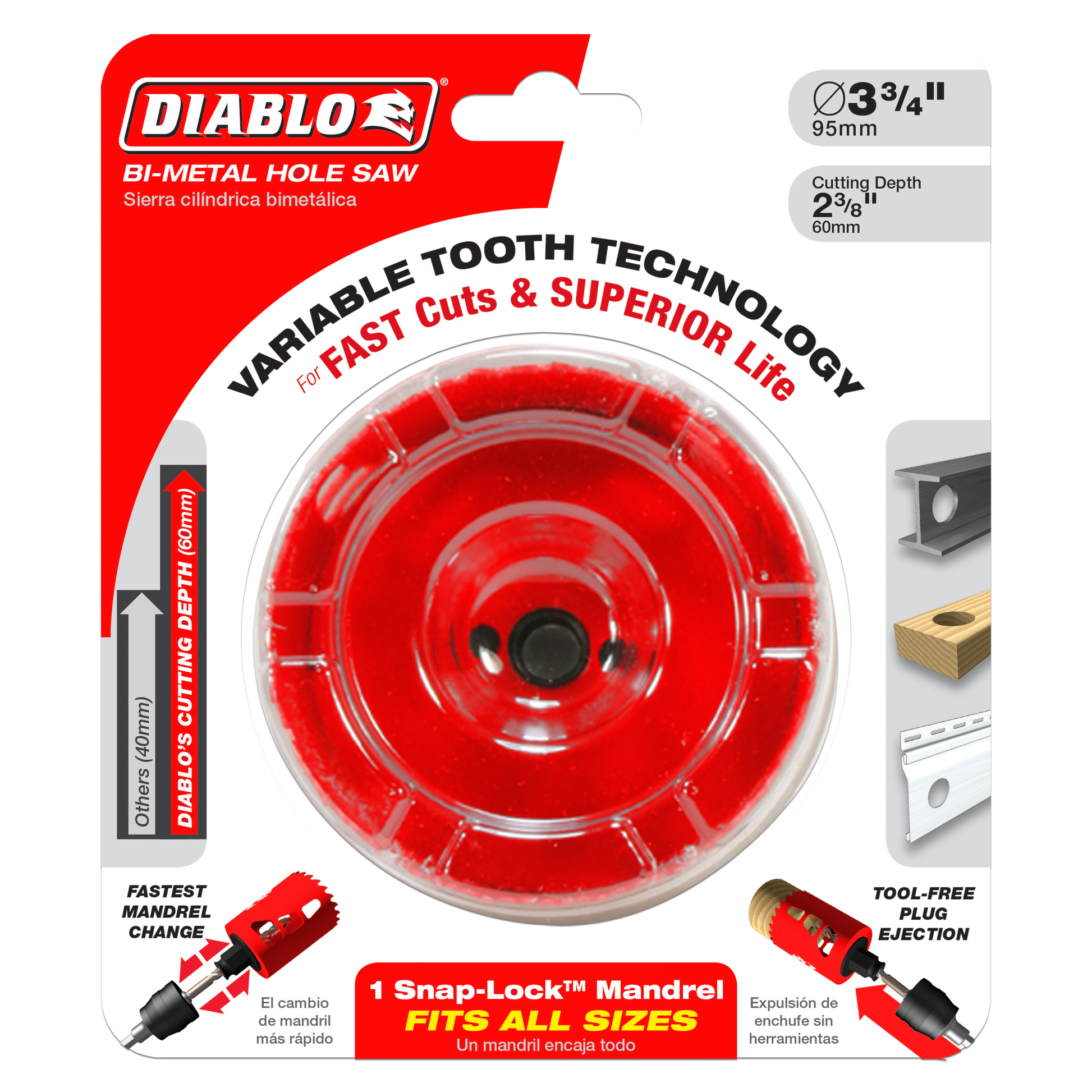 Diablo 3-3/4 inch bi-metal hole saw with red cutting head and variable tooth technology for fast cuts.
