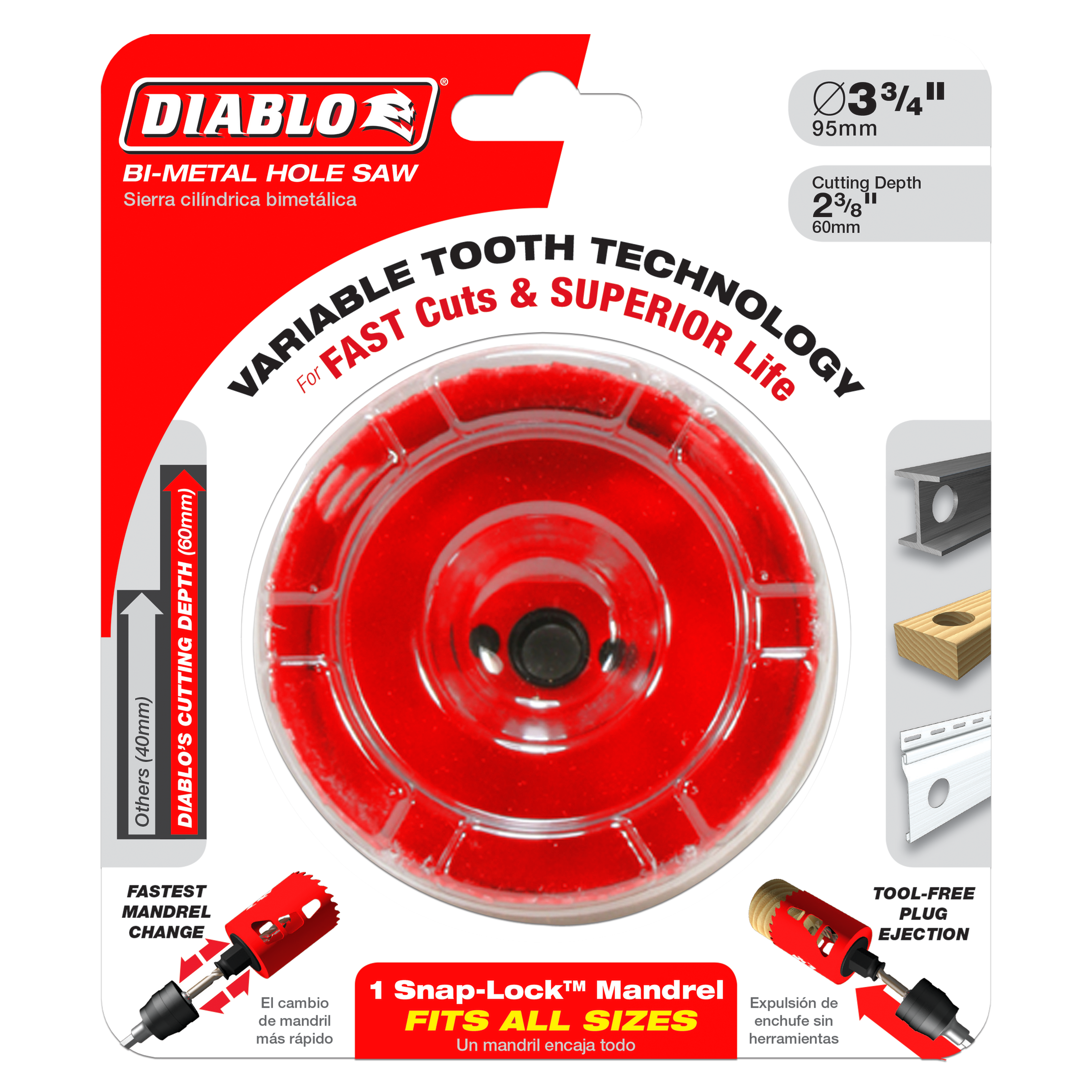 Diablo 3-3/4 inch bi-metal hole saw with red cutting head and variable tooth technology for fast cuts.