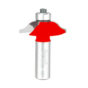 Red rail and stile profile router bit with silver metal shaft and bearing collar.