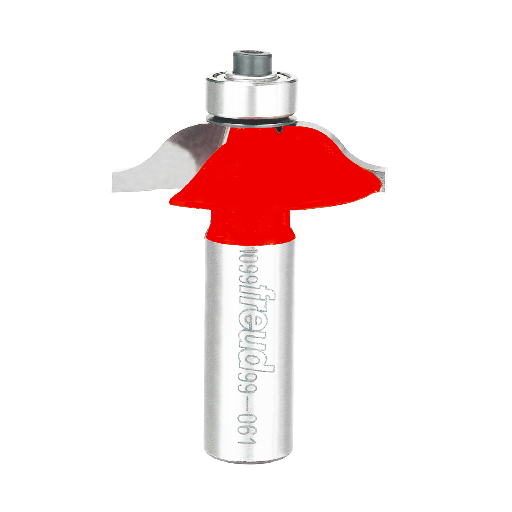 Red rail and stile profile router bit with silver metal shaft and bearing collar.