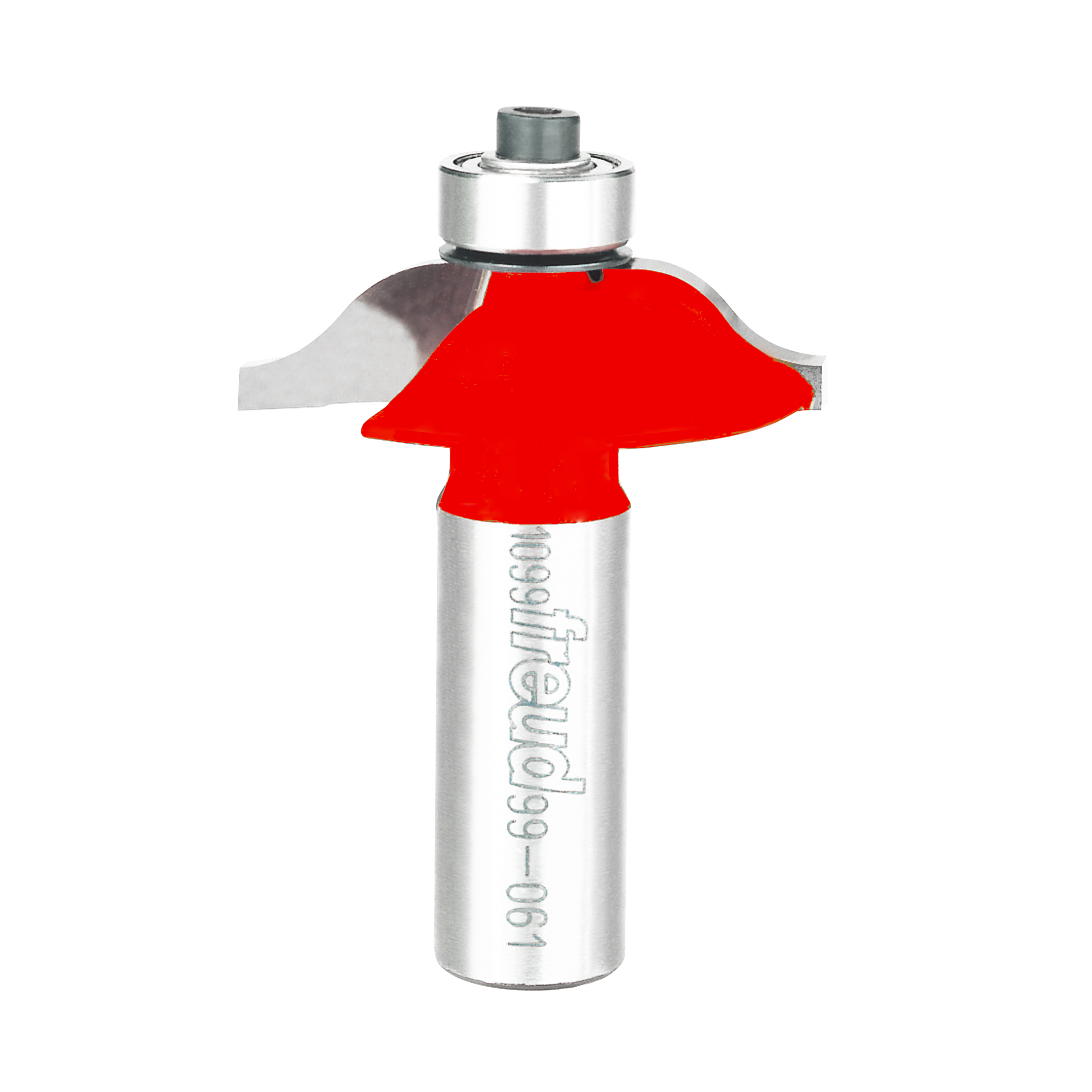 Red rail and stile profile router bit with silver metal shaft and bearing collar.