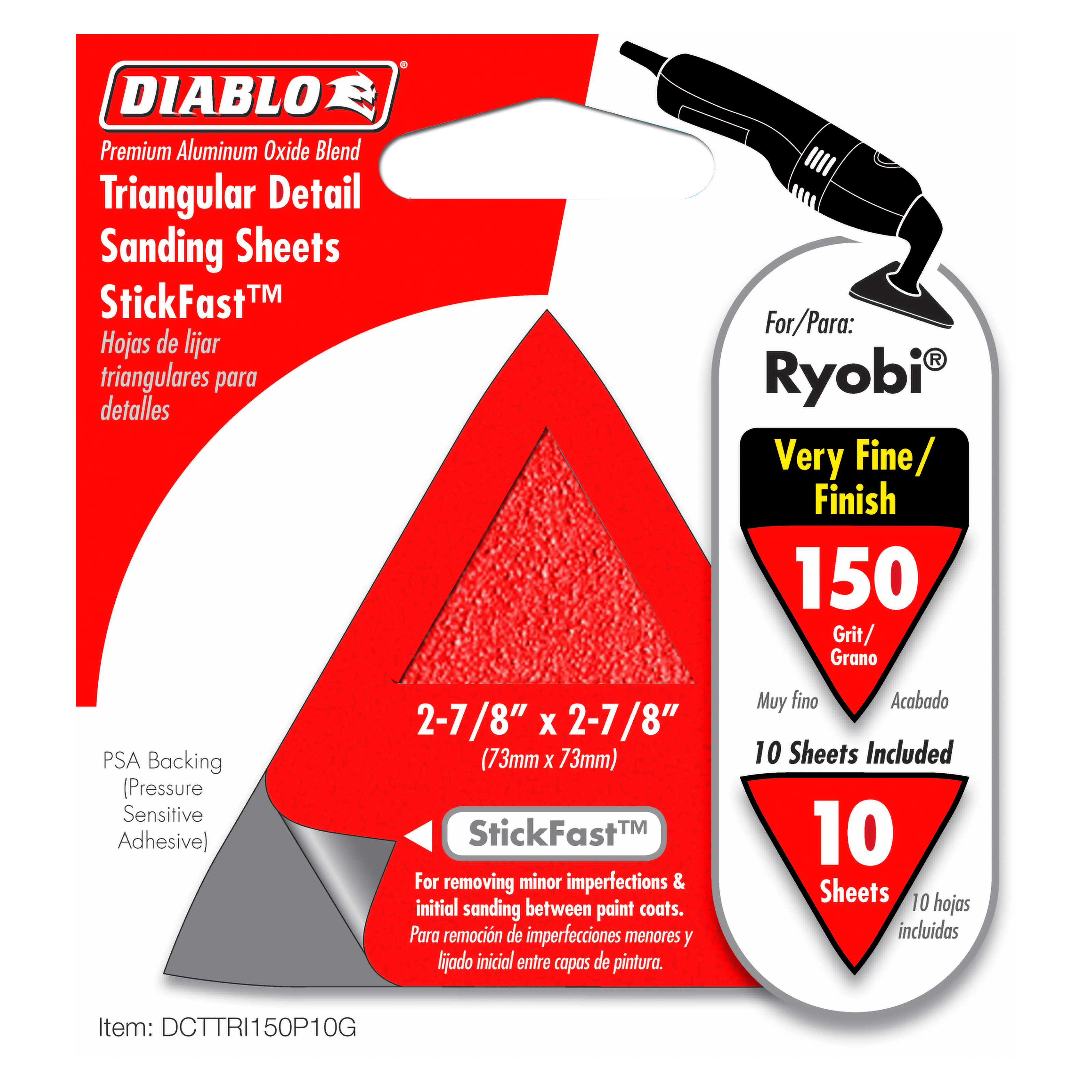 Red triangular sanding sheets with StickFast adhesive backing, 150 grit, 2-7/8 inch size, pack of 10 for detail work.