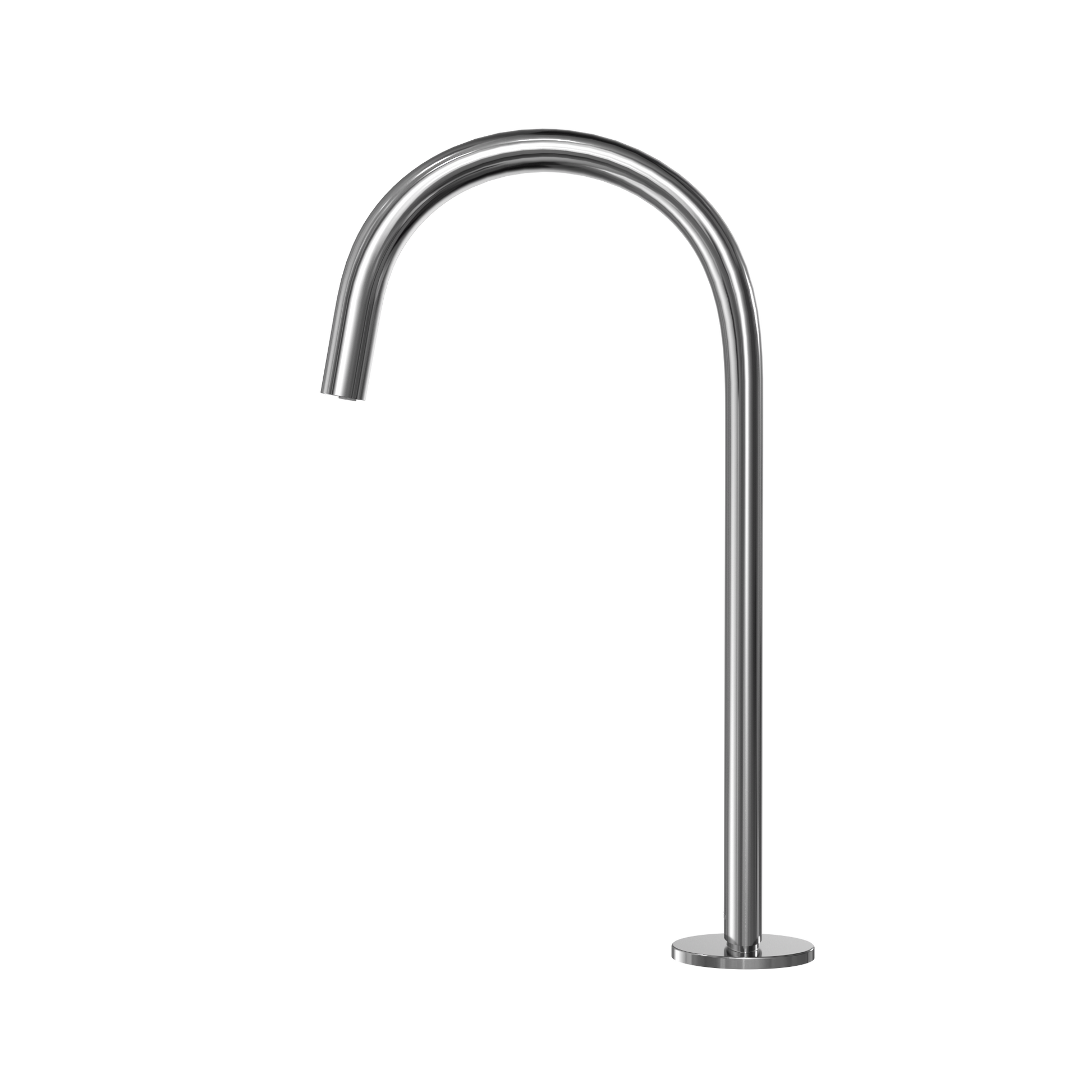 Polished chrome gooseneck faucet with curved spout and round base for vessel sinks.