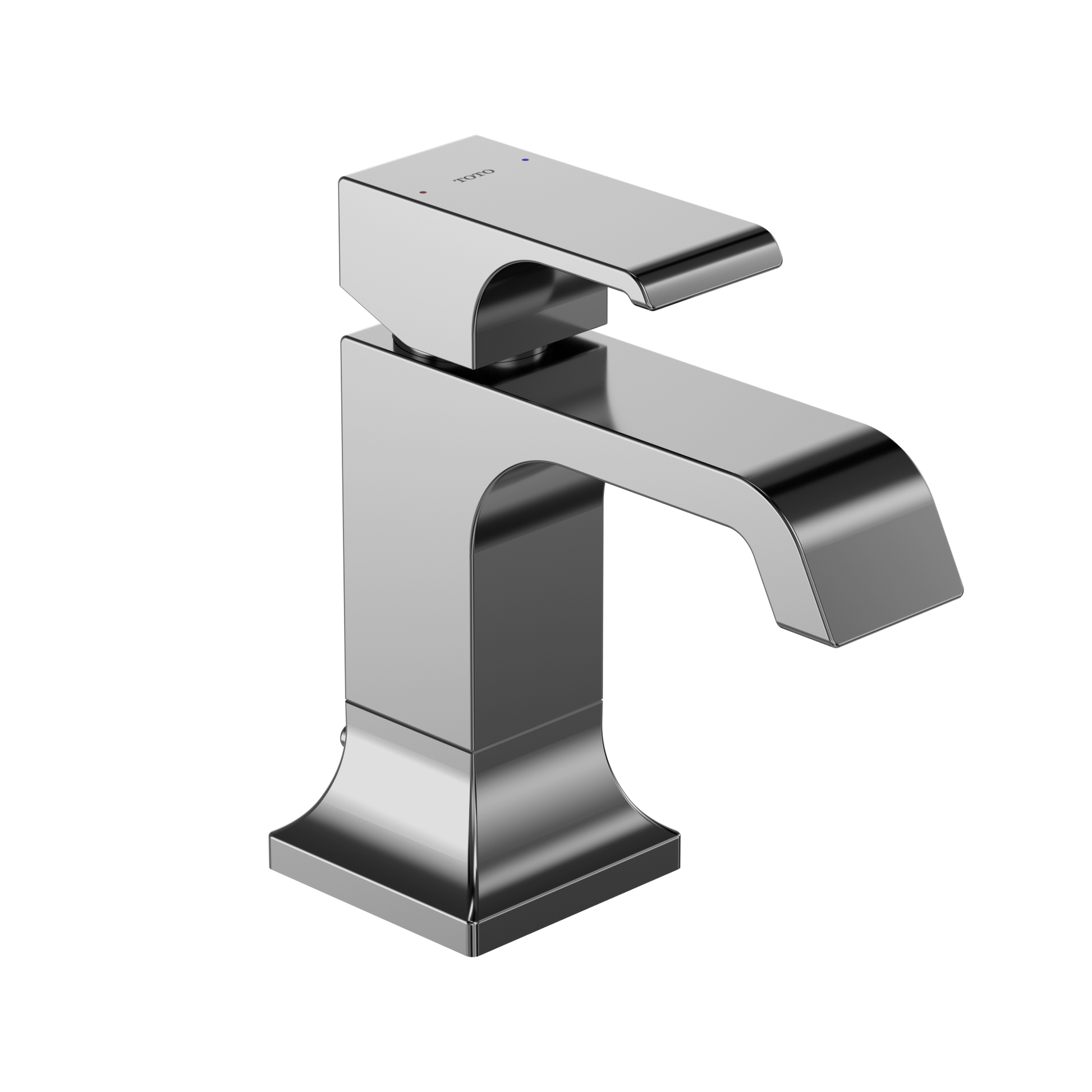 Polished chrome single-handle bathroom sink faucet with curved spout and rectangular base.