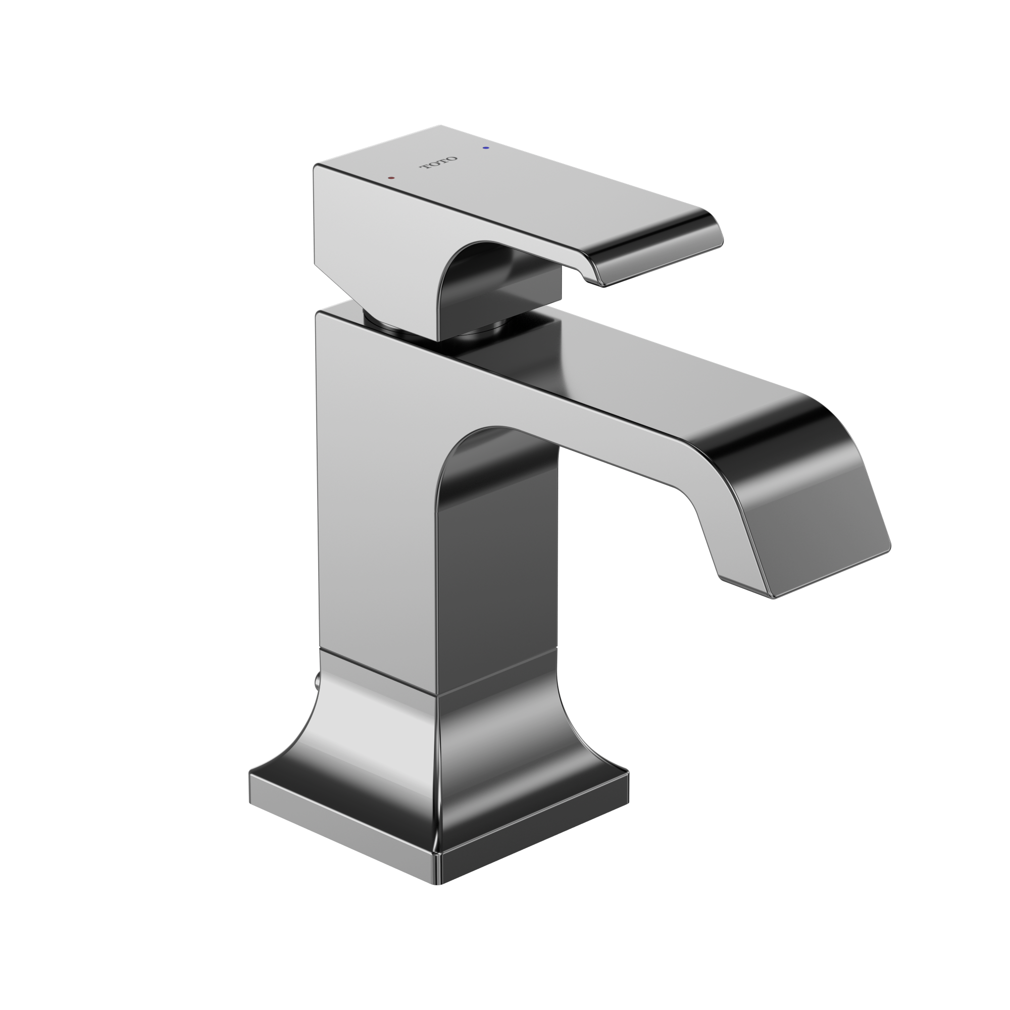 Polished chrome single-handle bathroom sink faucet with curved spout and rectangular base.