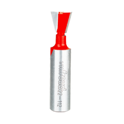 Freud 1/2" diameter dovetail router bit with red cutting head and silver metal shank.