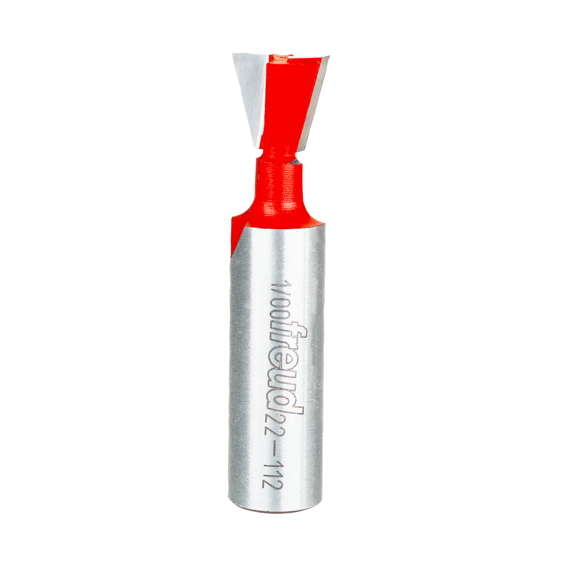 Freud 1/2" diameter dovetail router bit with red cutting head and silver metal shank.