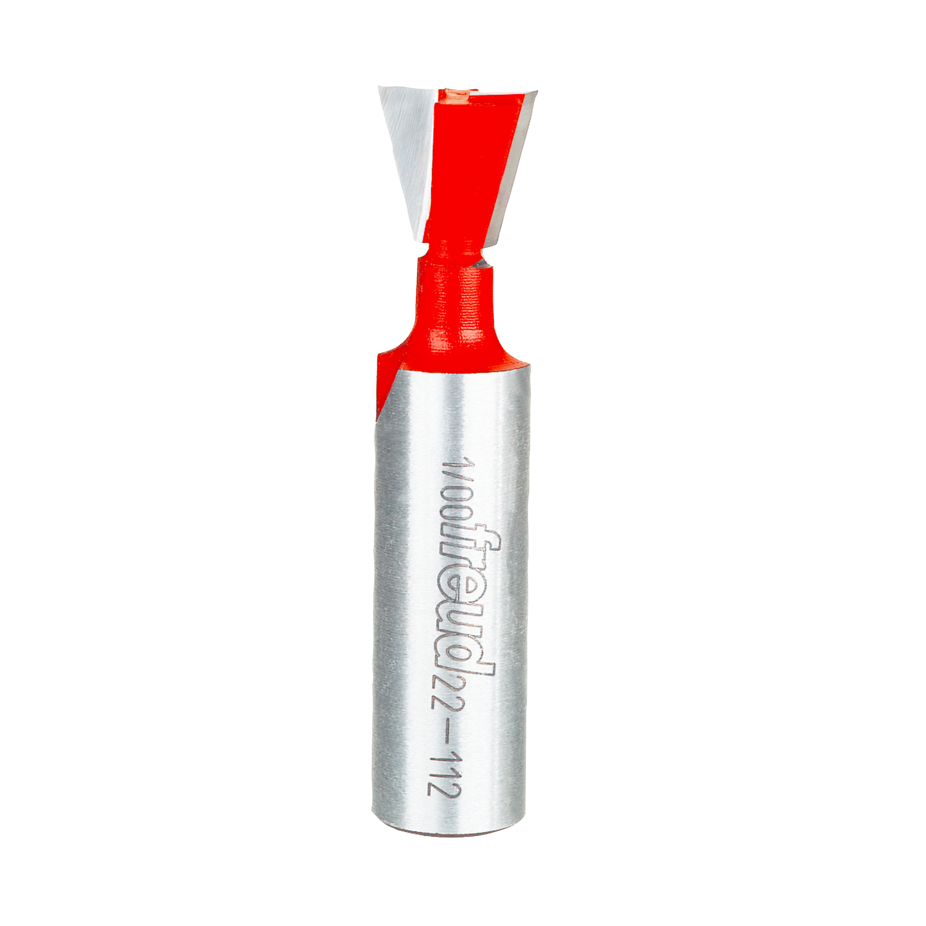 Freud 1/2" diameter dovetail router bit with red cutting head and silver metal shank.