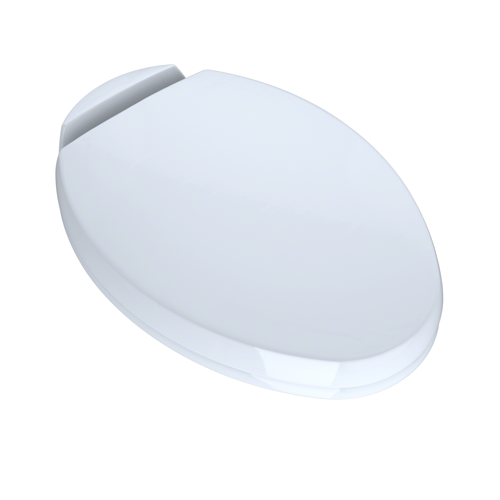 White elongated oval toilet seat and lid with slow-close hinge mechanism.