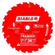 Red circular saw blade with 24 teeth, Diablo branding, labeled 7 1/4" framing blade with tracking point tooth geometry.