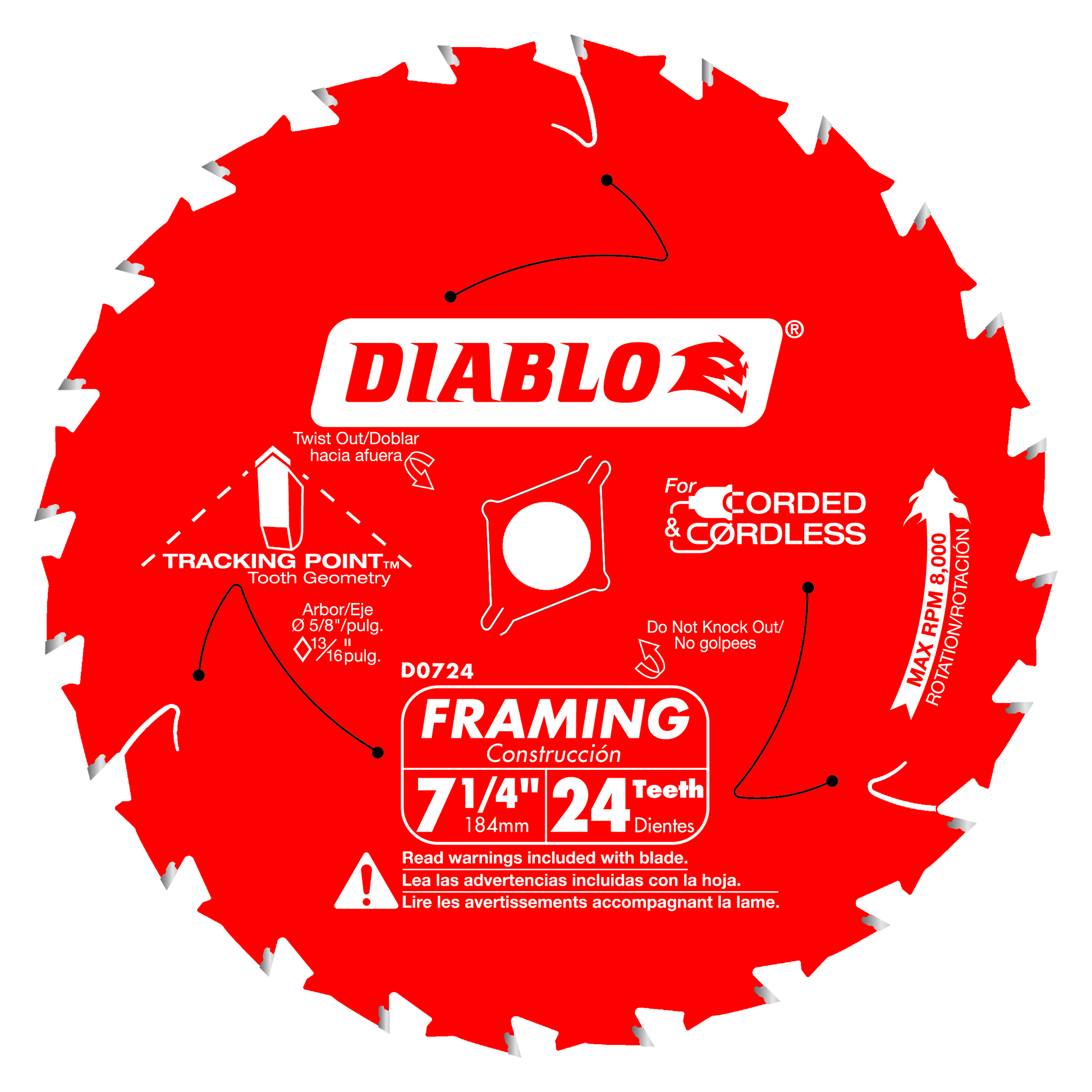 Red circular saw blade with 24 teeth, Diablo branding, labeled 7 1/4" framing blade with tracking point tooth geometry.