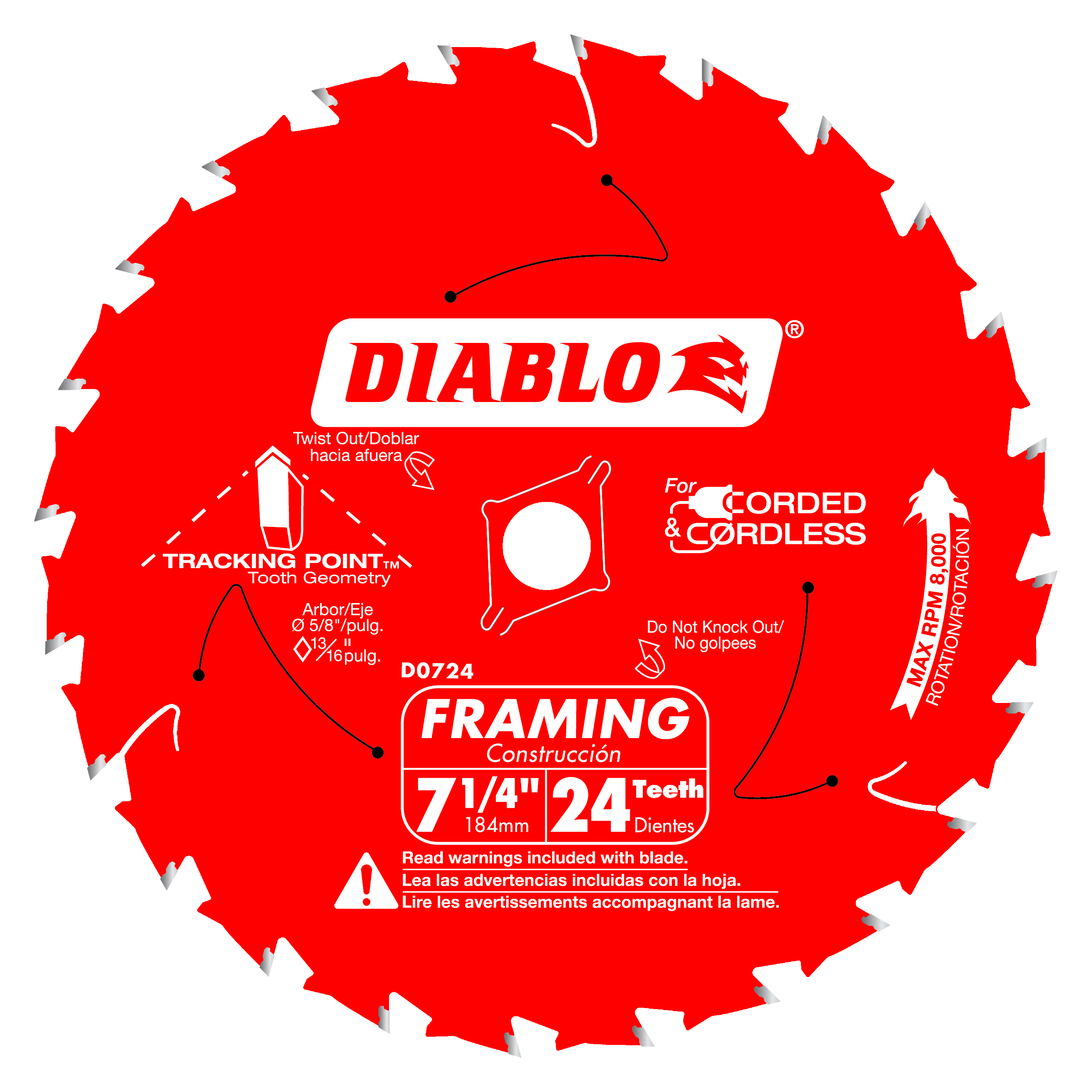 Red circular saw blade with 24 teeth, Diablo branding, labeled 7 1/4" framing blade with tracking point tooth geometry.