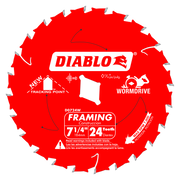 Red circular saw blade with 24 silver teeth and white Diablo branding and specifications labeled on the surface.