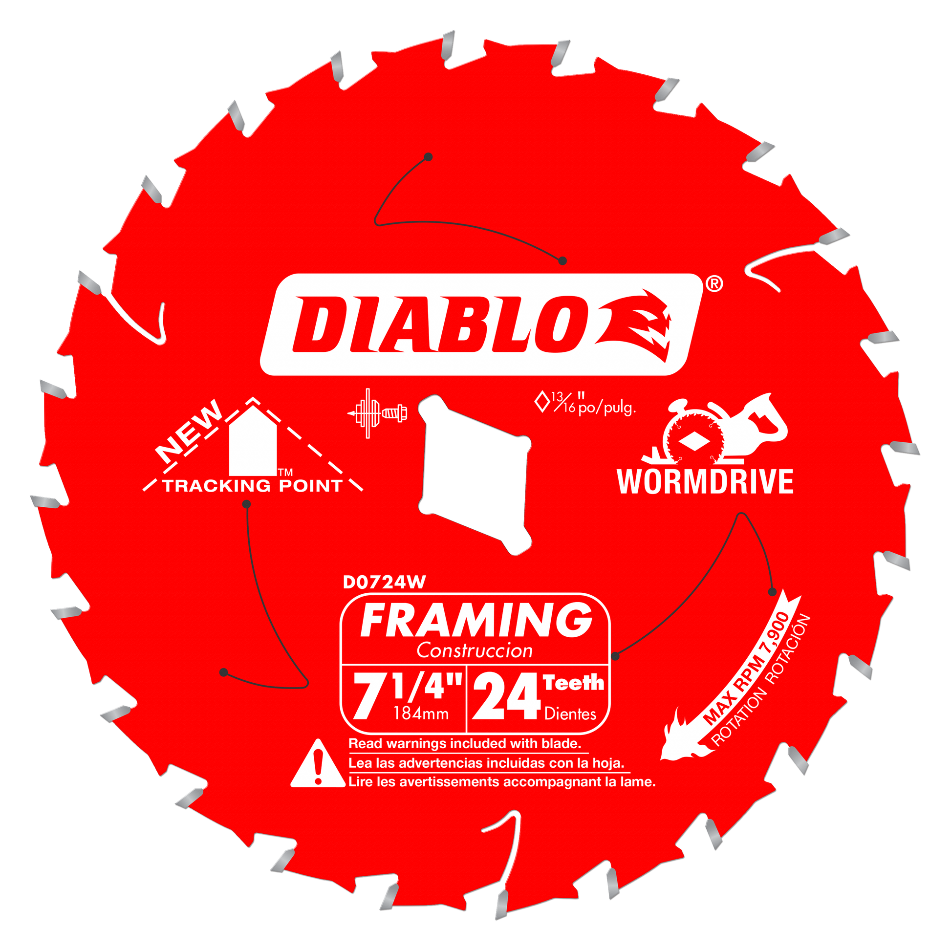 Red circular saw blade with 24 silver teeth and white Diablo branding and specifications labeled on the surface.