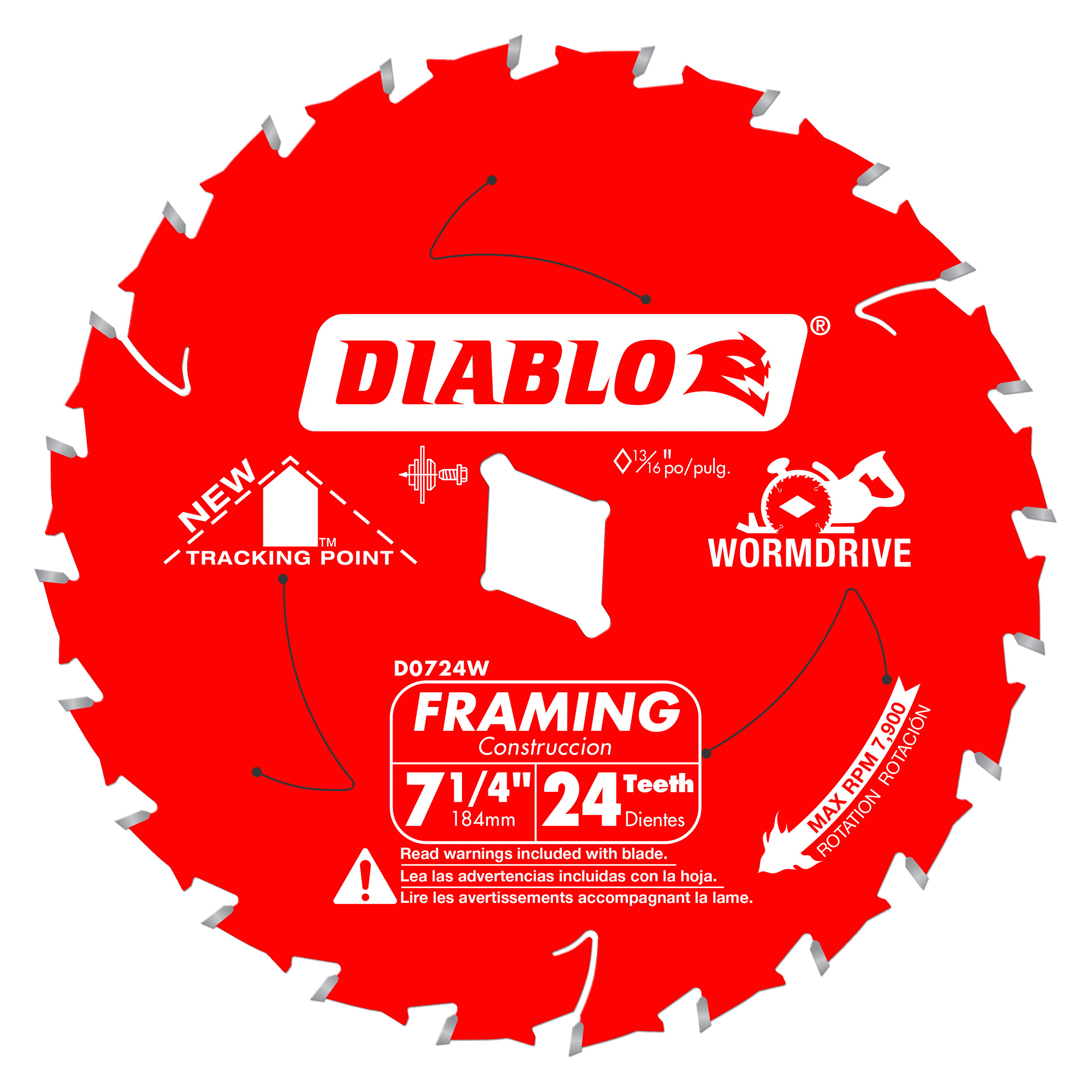 Red circular saw blade with 24 silver teeth and white Diablo branding and specifications labeled on the surface.