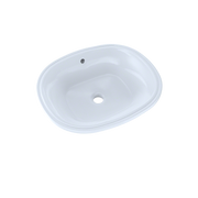 Cotton white oval undermount bathroom sink with single faucet hole and drain opening.