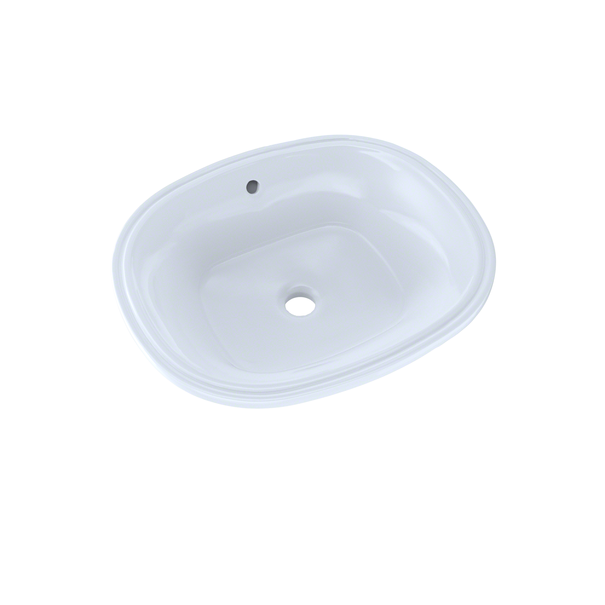 Cotton white oval undermount bathroom sink with single faucet hole and drain opening.