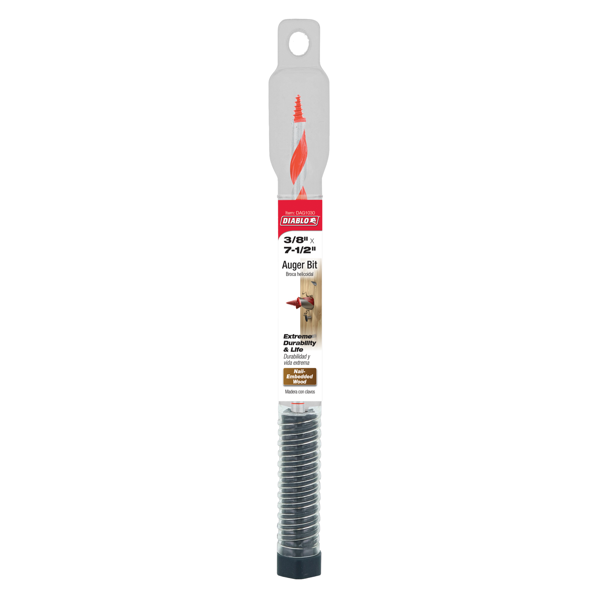 Diablo 3/8" x 7-1/2" auger bit with red cutting edges and gray packaging sleeve.