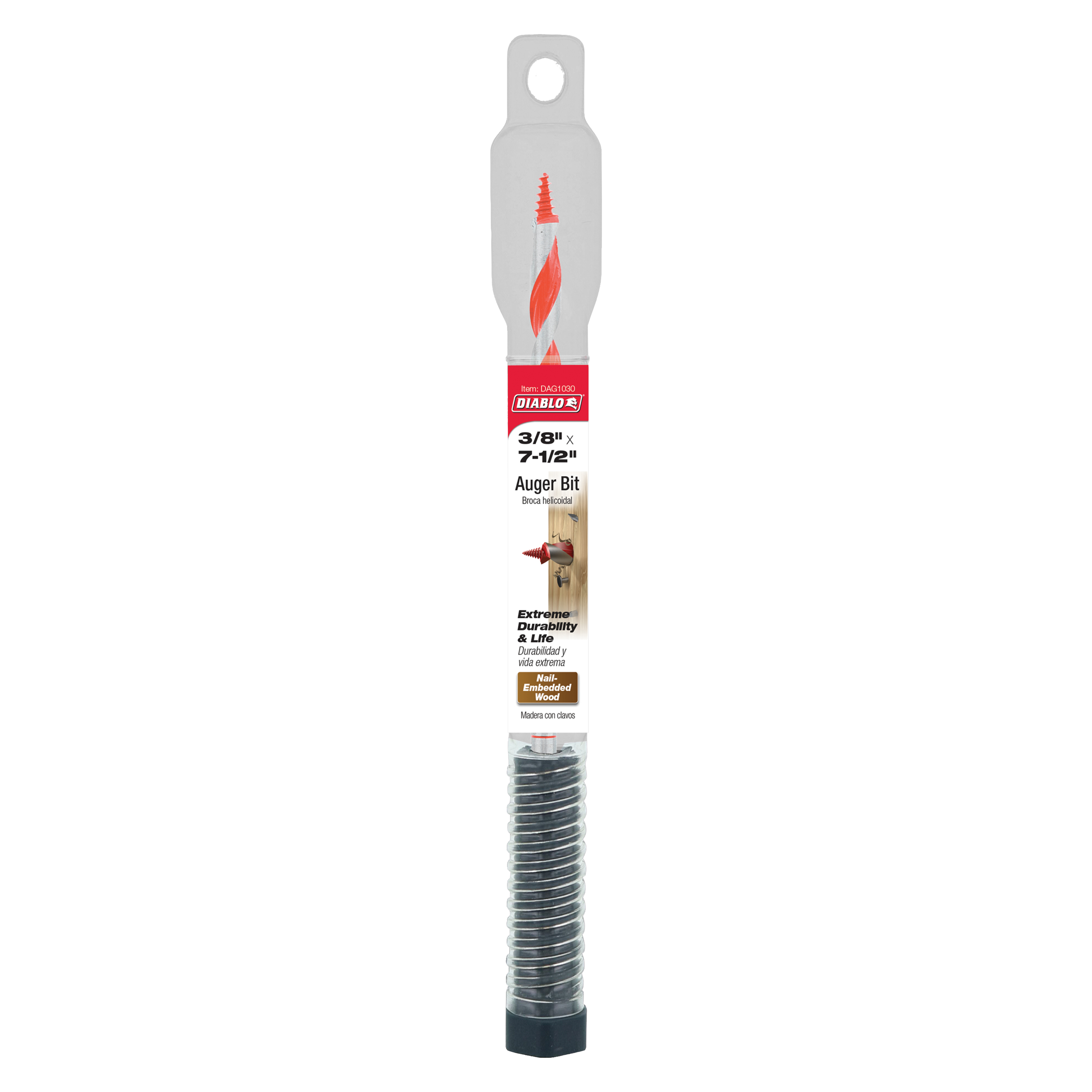 Diablo 3/8" x 7-1/2" auger bit with red cutting edges and gray packaging sleeve.