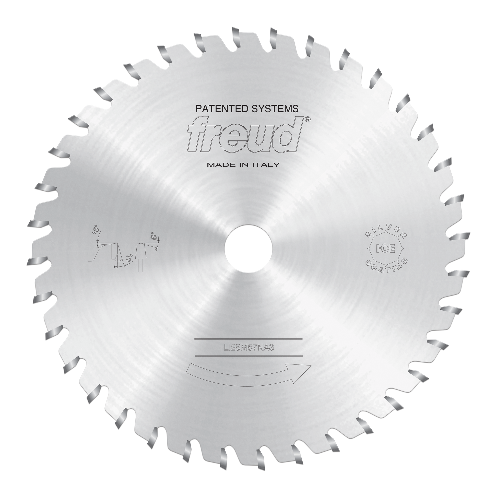 Circular saw blade with conical scoring teeth around perimeter, central hole, and Freud branding on silver metal surface.