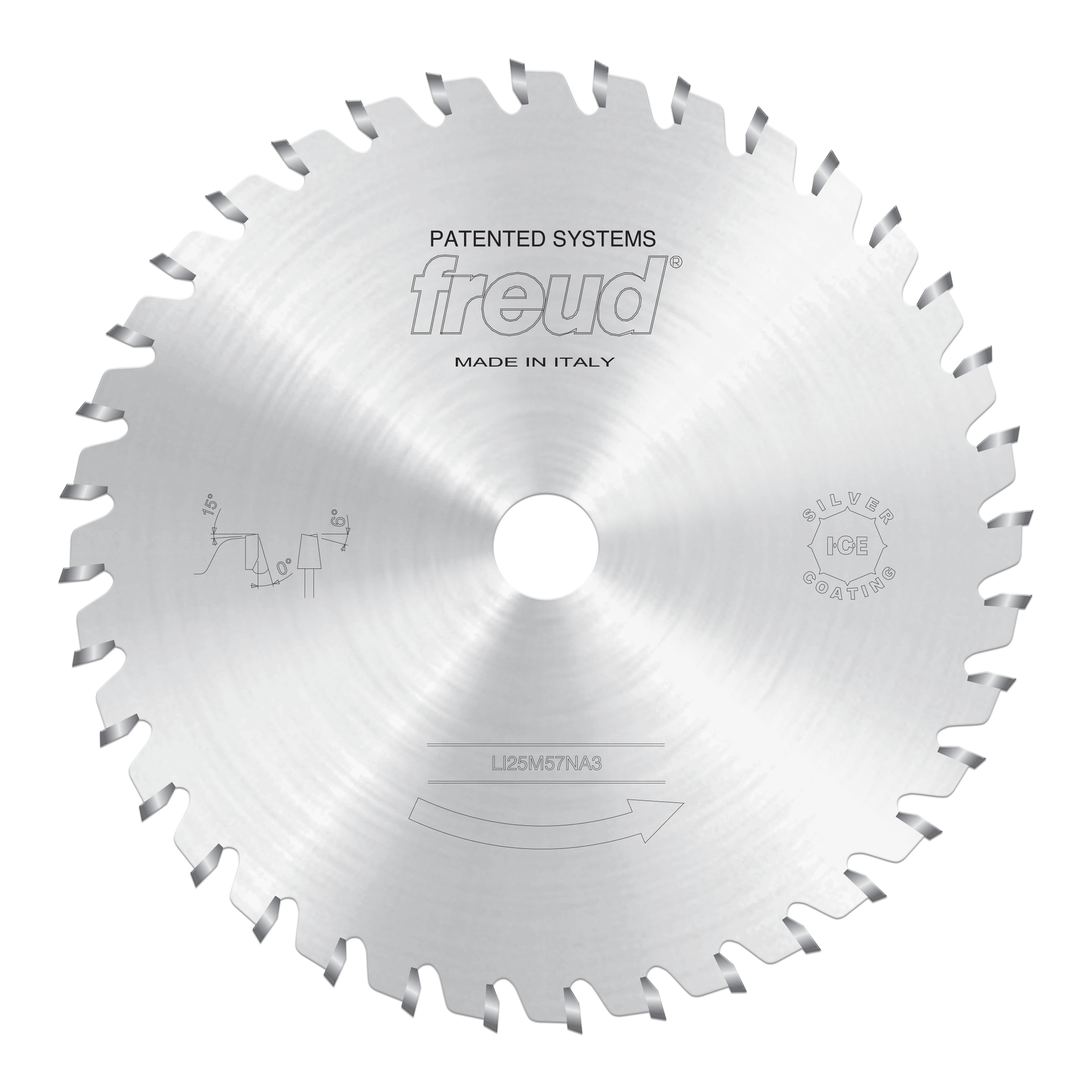 Circular saw blade with conical scoring teeth around perimeter, central hole, and Freud branding on silver metal surface.