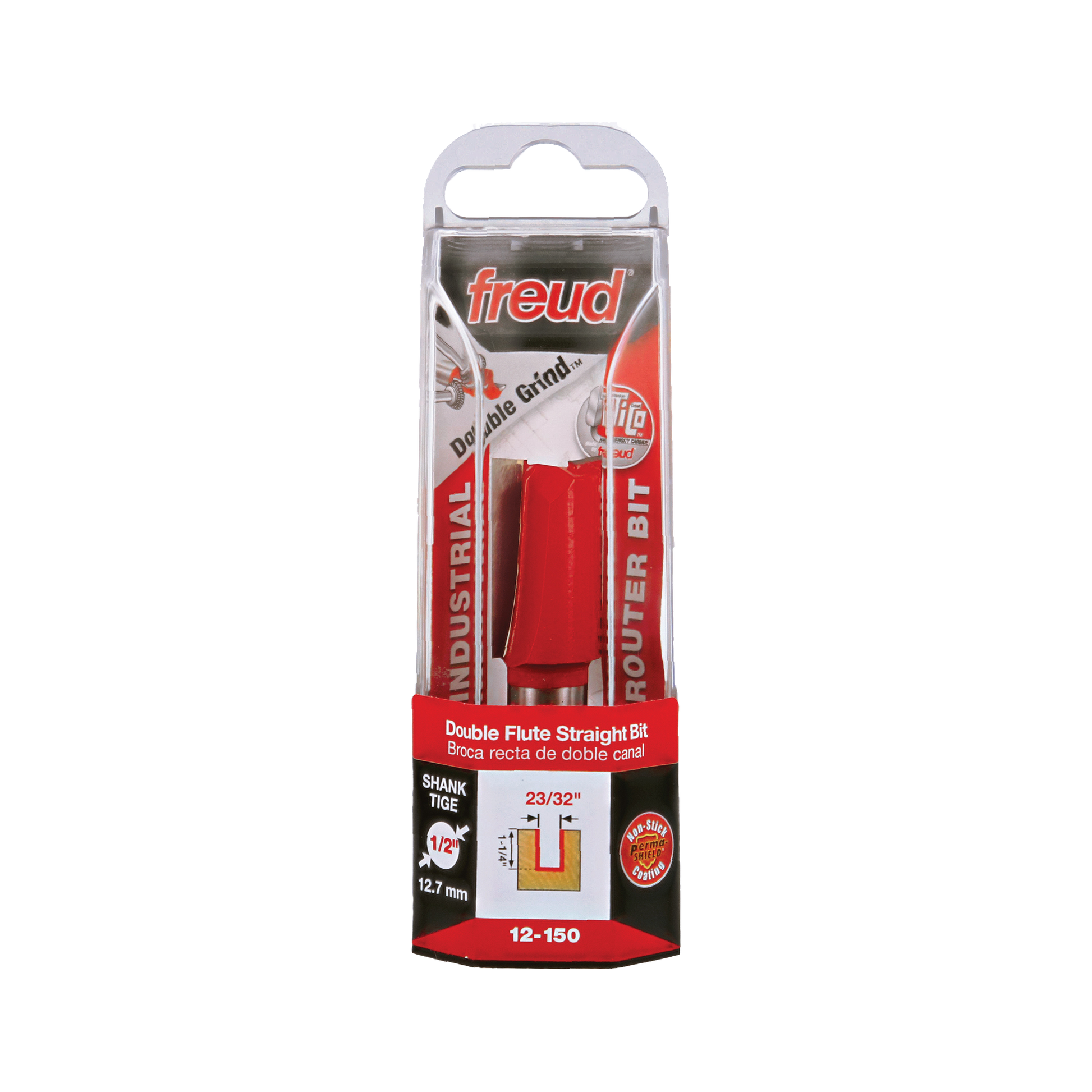 Freud double flute straight router bit with red body and 1/2" shank in clear plastic packaging.