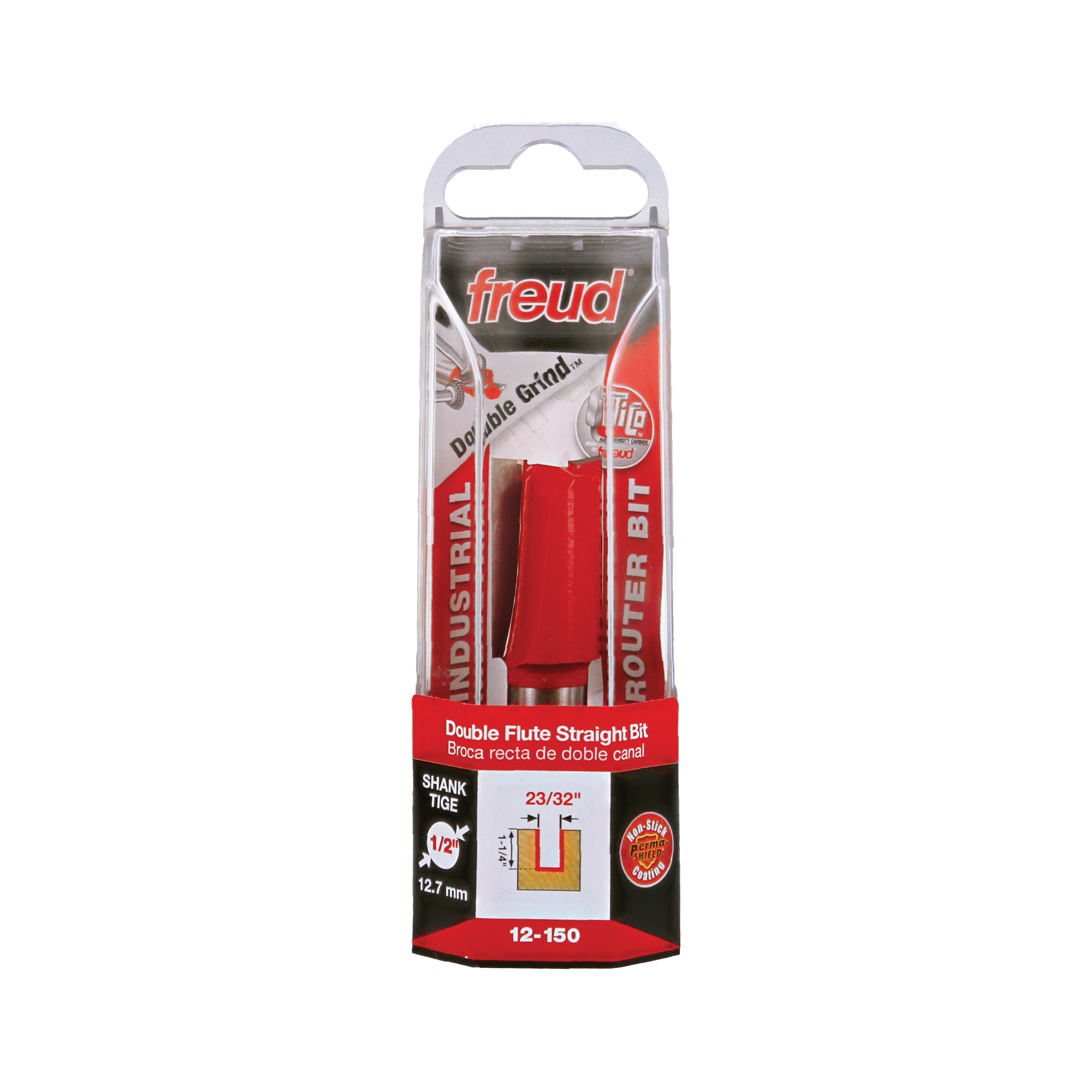Freud double flute straight router bit with red body and 1/2" shank in clear plastic packaging.