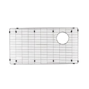 Stainless steel sink grid with horizontal slats and circular cutout, featuring black mounting clips around perimeter.