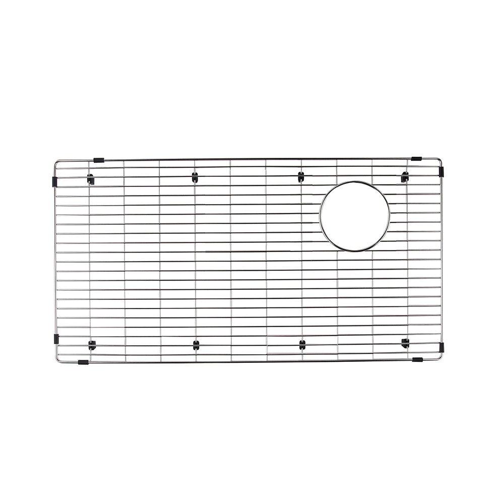 Stainless steel sink grid with horizontal slats and circular cutout, featuring black mounting clips around perimeter.