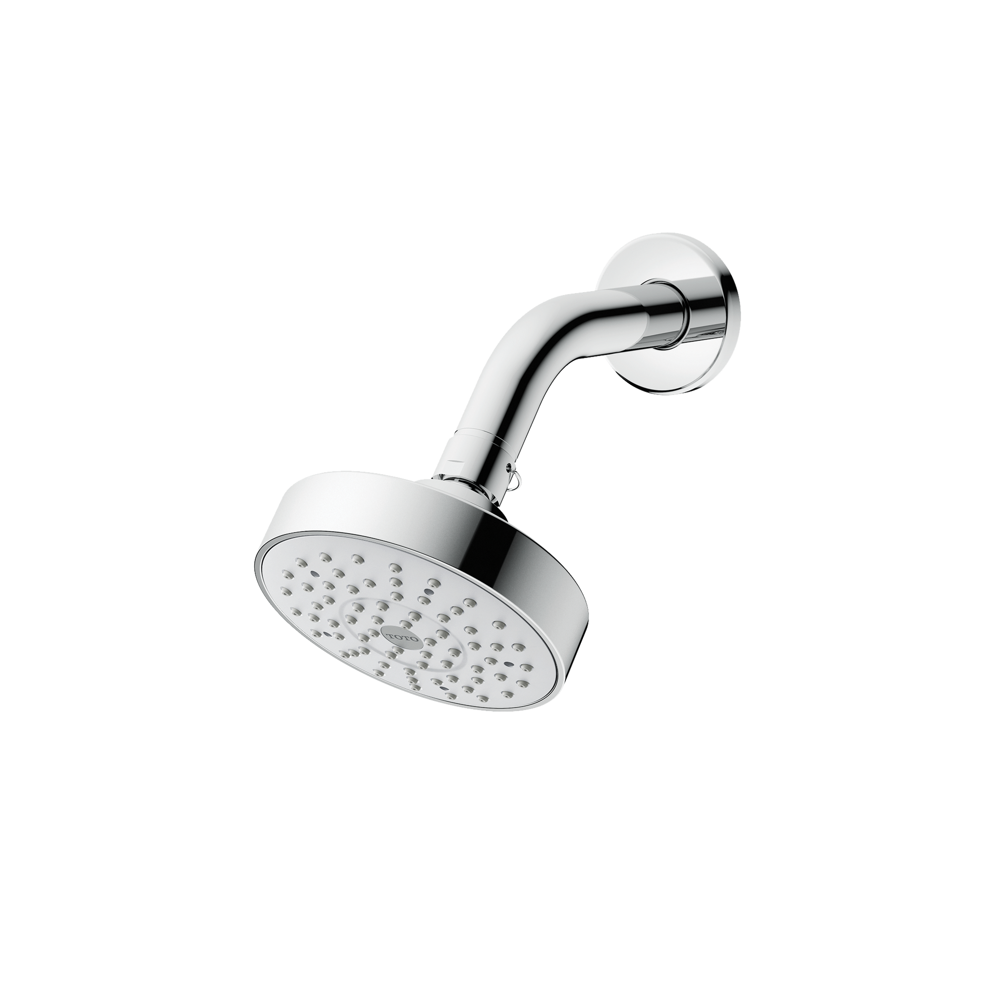 Polished chrome shower arm with circular showerhead featuring multiple spray jets, angled downward from wall mount.
