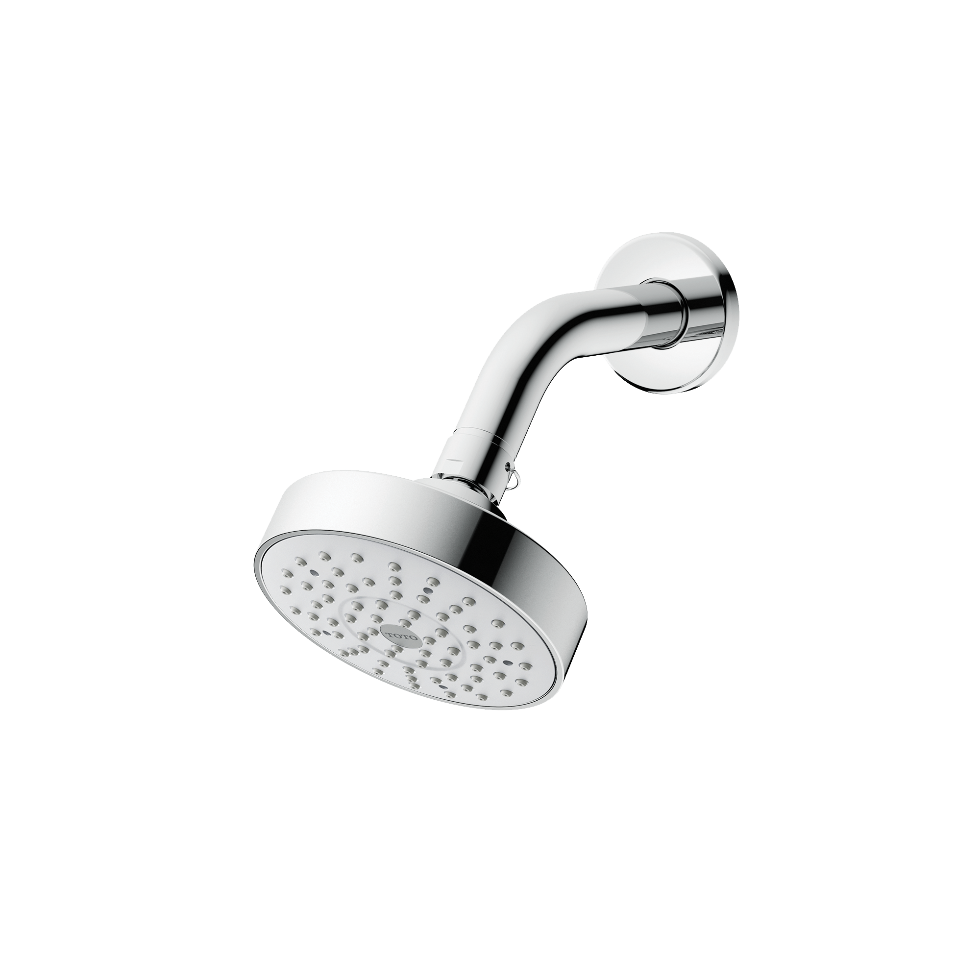 Polished chrome shower arm with circular showerhead featuring multiple spray jets, angled downward from wall mount.