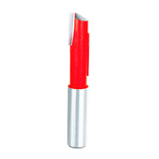 Red and silver stagger bit router tool with two staggered cutting edges on white background.